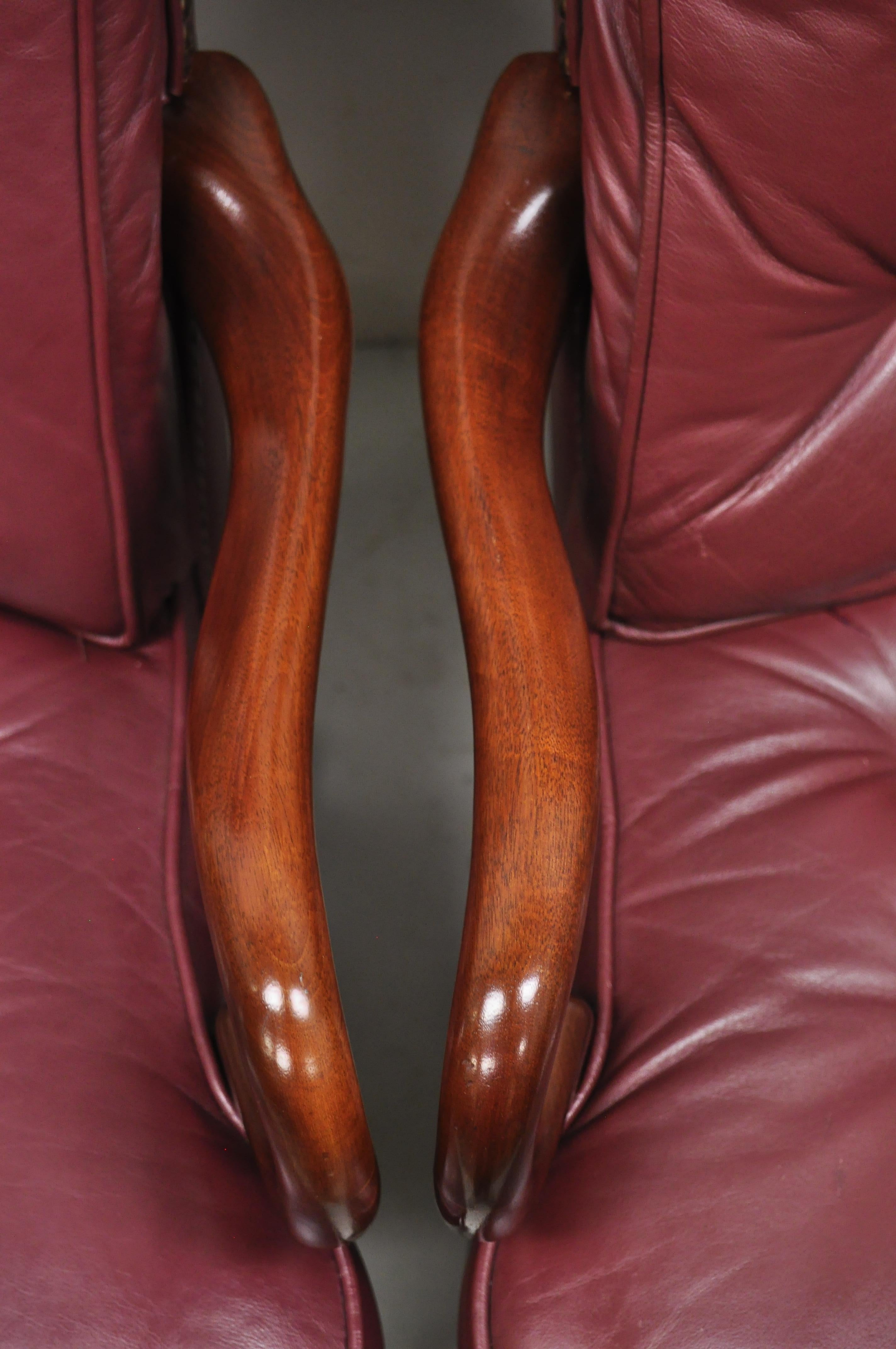 St Timothy Chair Co Burgundy Leather Queen Anne Library Office Arm Chairs, Pair 4