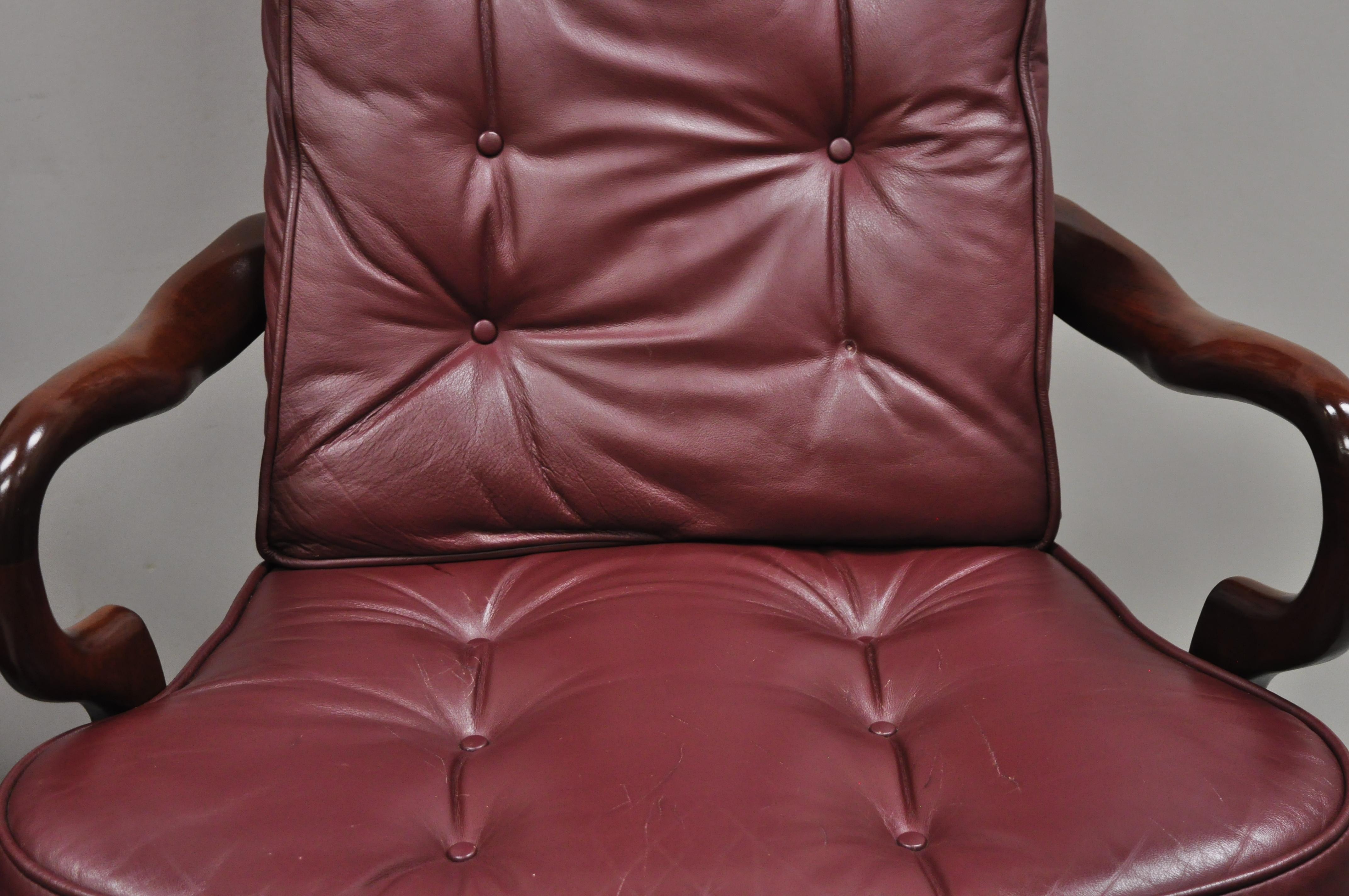 20th Century St Timothy Chair Co Burgundy Leather Queen Anne Library Office Arm Chairs, Pair For Sale