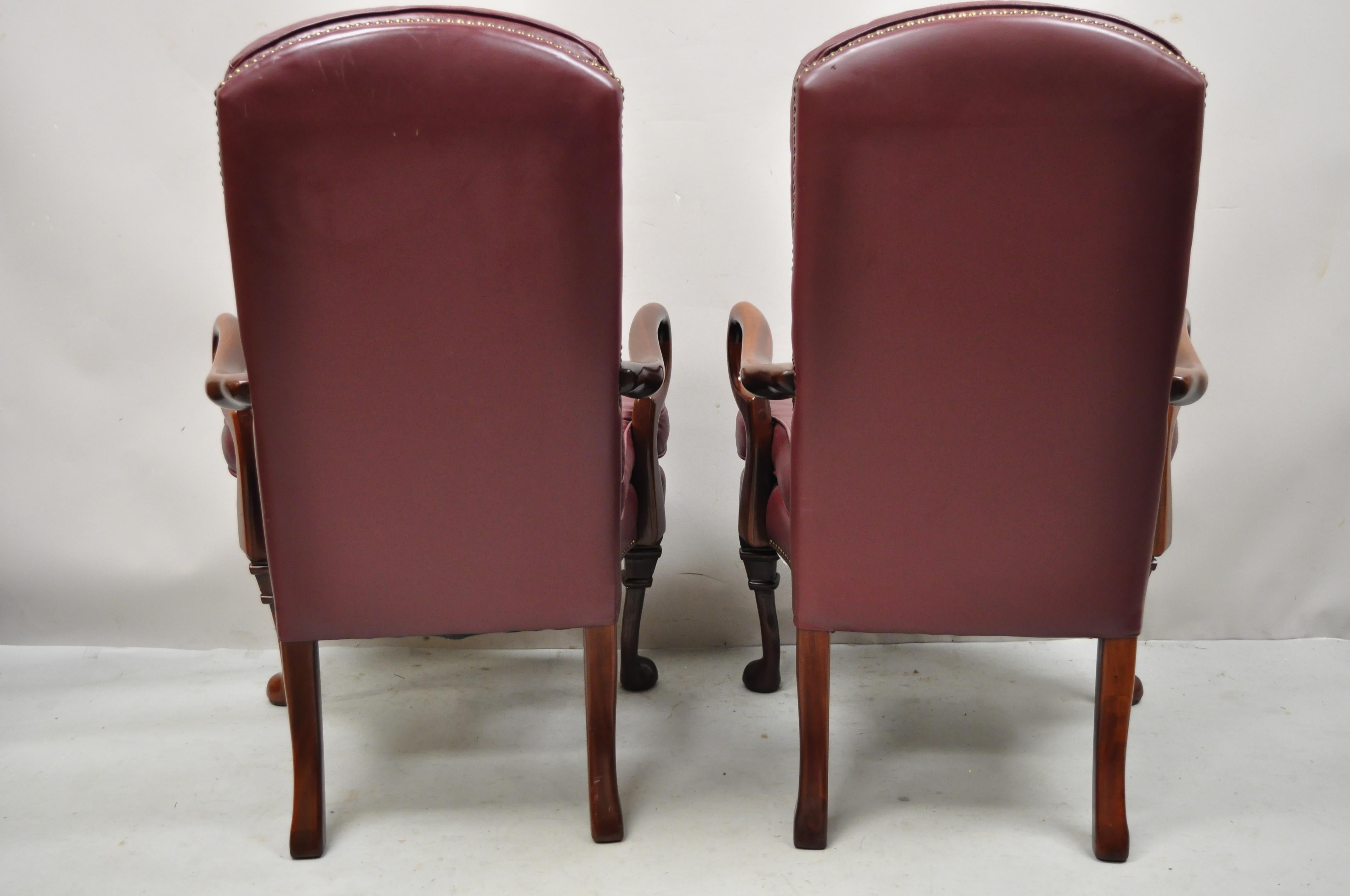 St Timothy Chair Co Burgundy Leather Queen Anne Library Office Arm Chairs, Pair 1