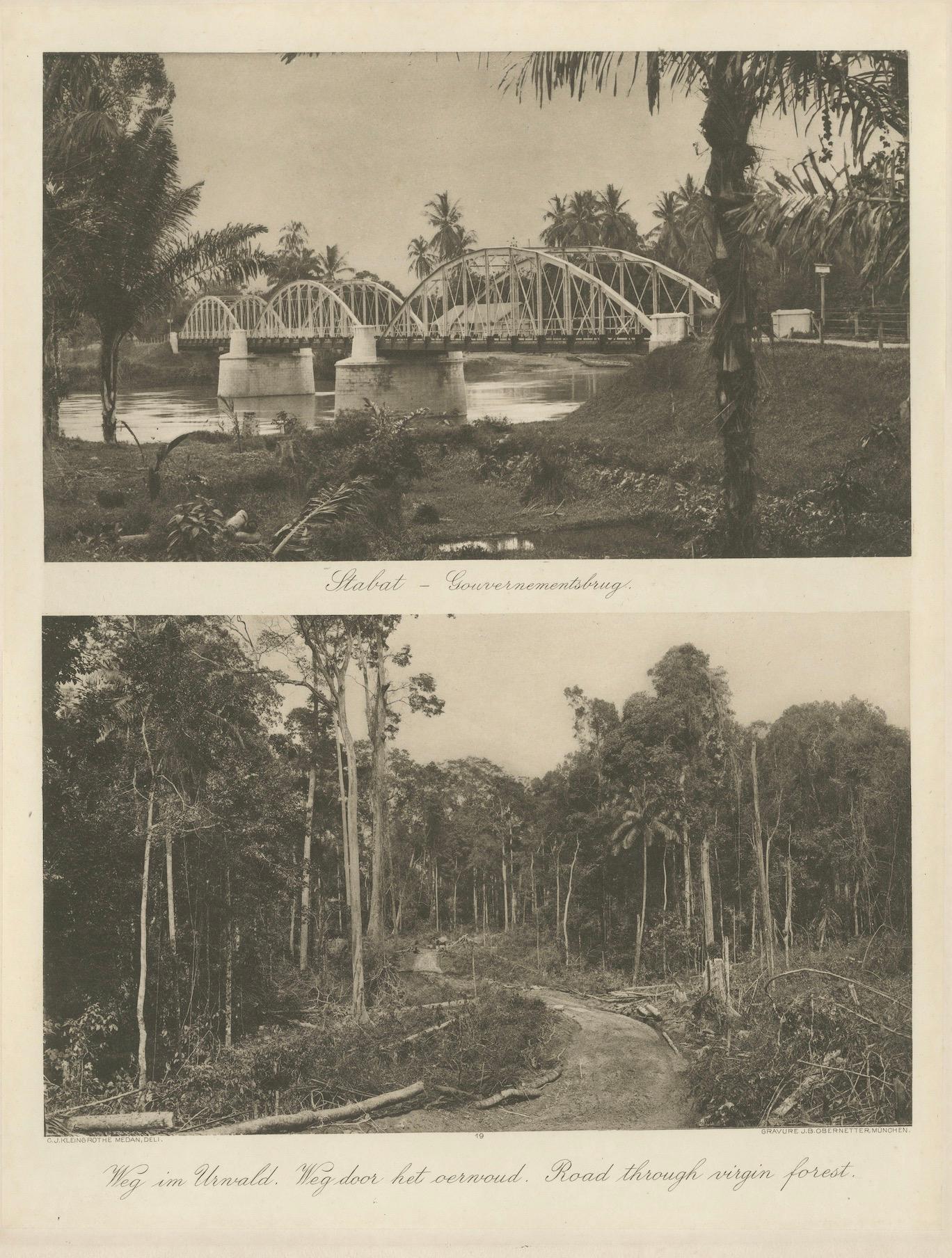 Puente gubernamental Stabat y carretera forestal - Fotograbado Kleingrothe c.1900

Esta original lámina de fotograbado de principios del siglo XX presenta dos vistas de gran valor histórico de Stabat, Sumatra del Norte, realizadas por el célebre