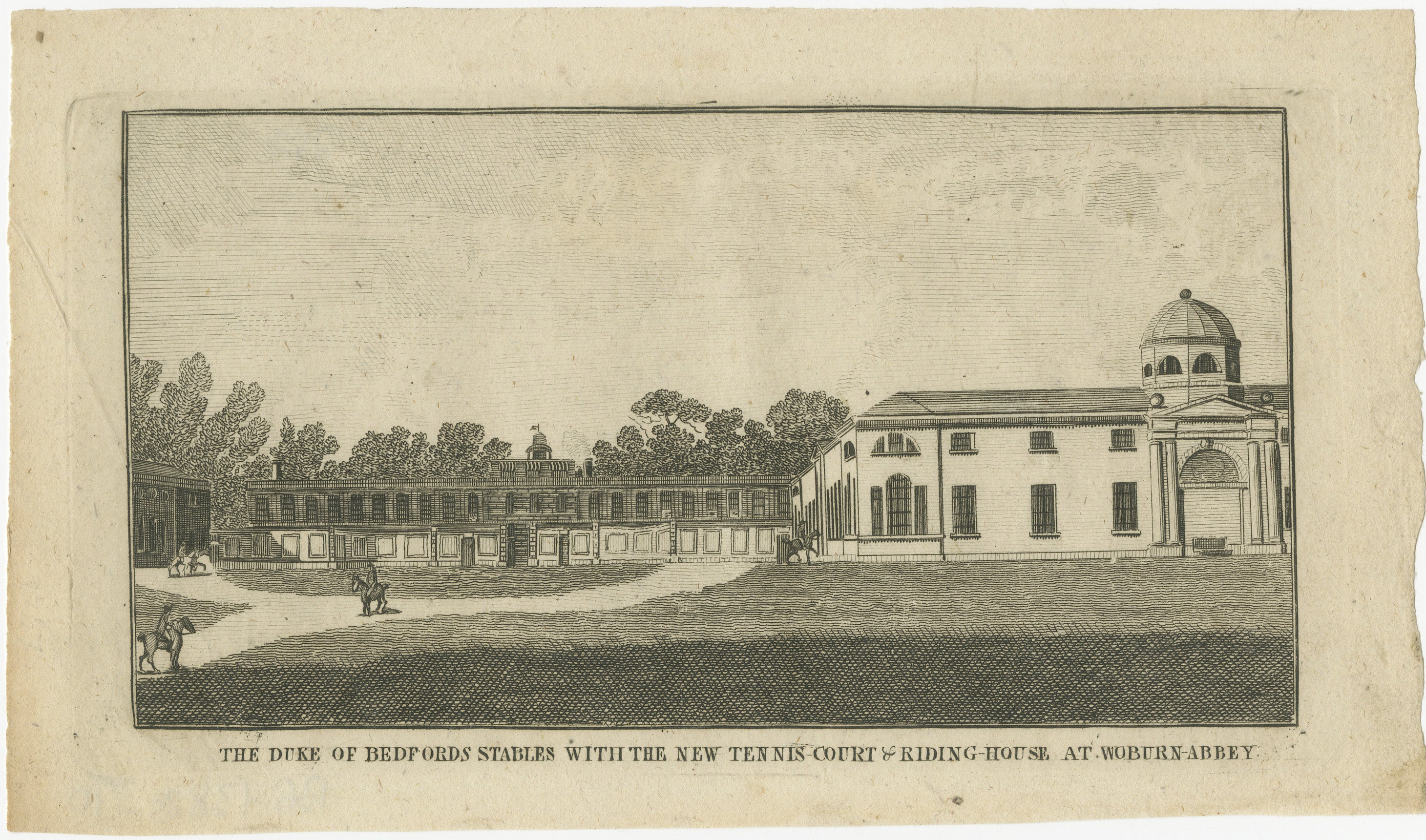 Stallungen und Tennisplatz des Duke of Bedford in der historischen Woburn Abbey, 1757 (Graviert) im Angebot