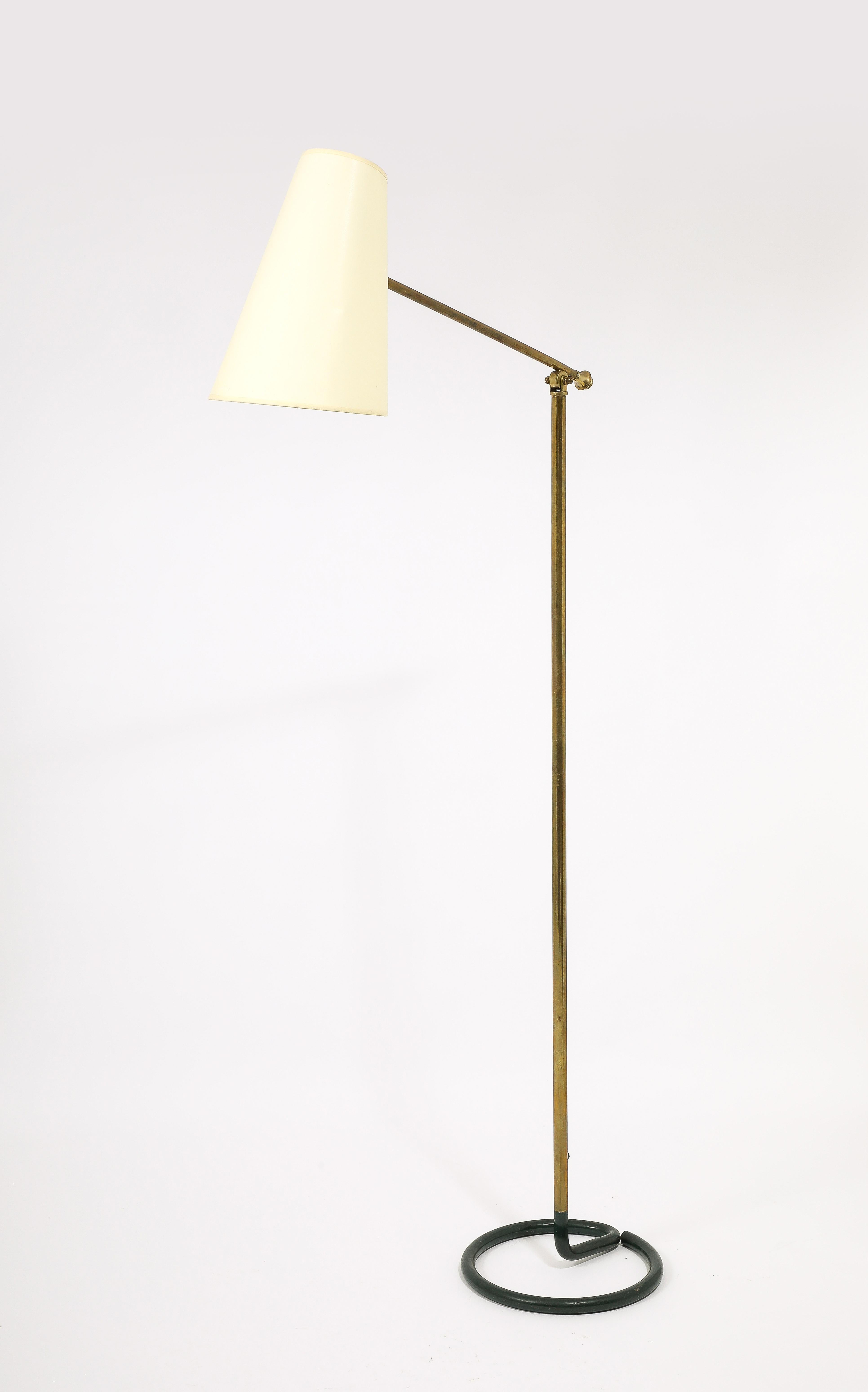 Stablet Hunter Green & Brass Floor Lamps, France 1950's In Good Condition For Sale In New York, NY