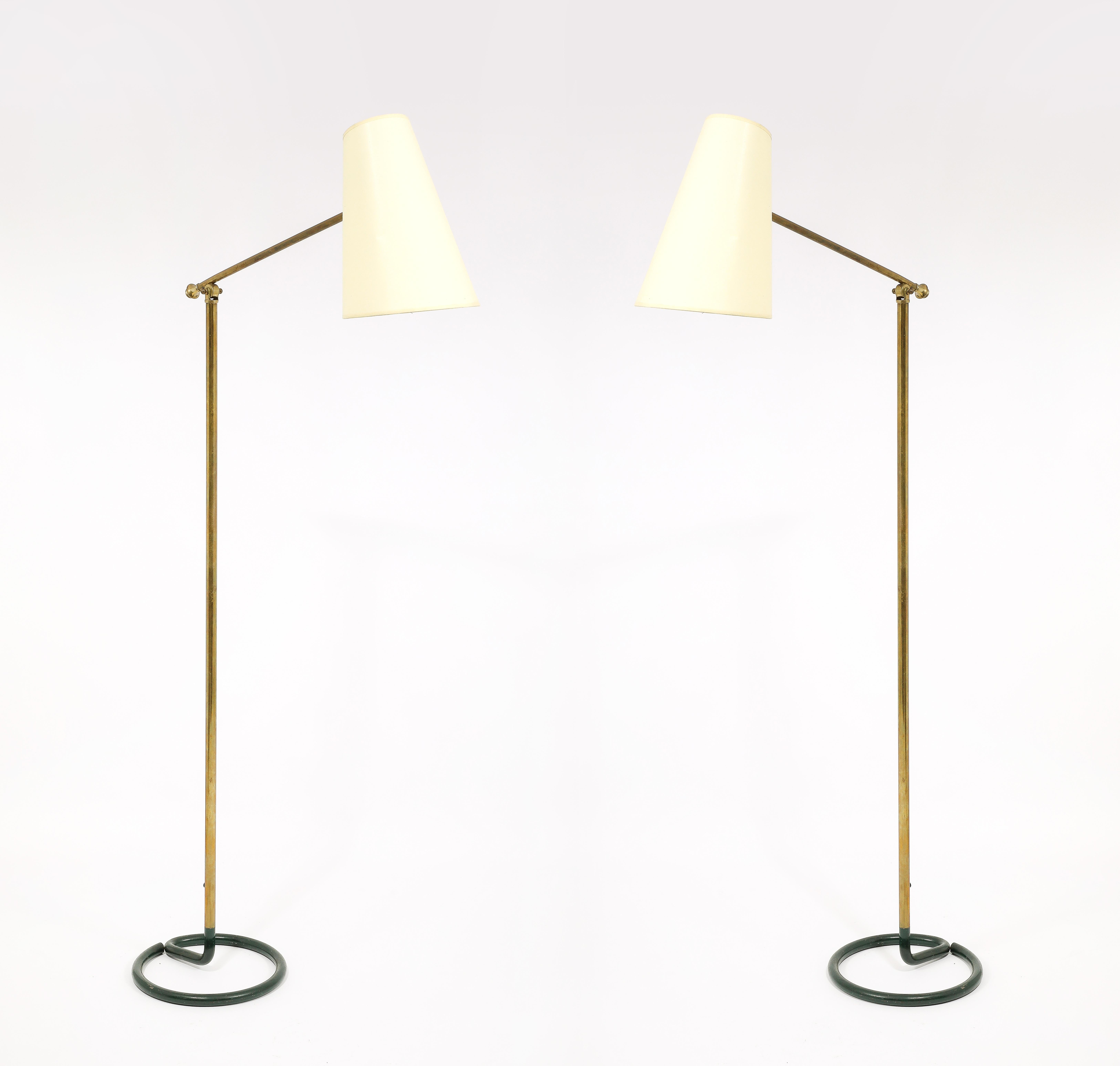 20th Century Stablet Hunter Green & Brass Floor Lamps, France 1950's For Sale