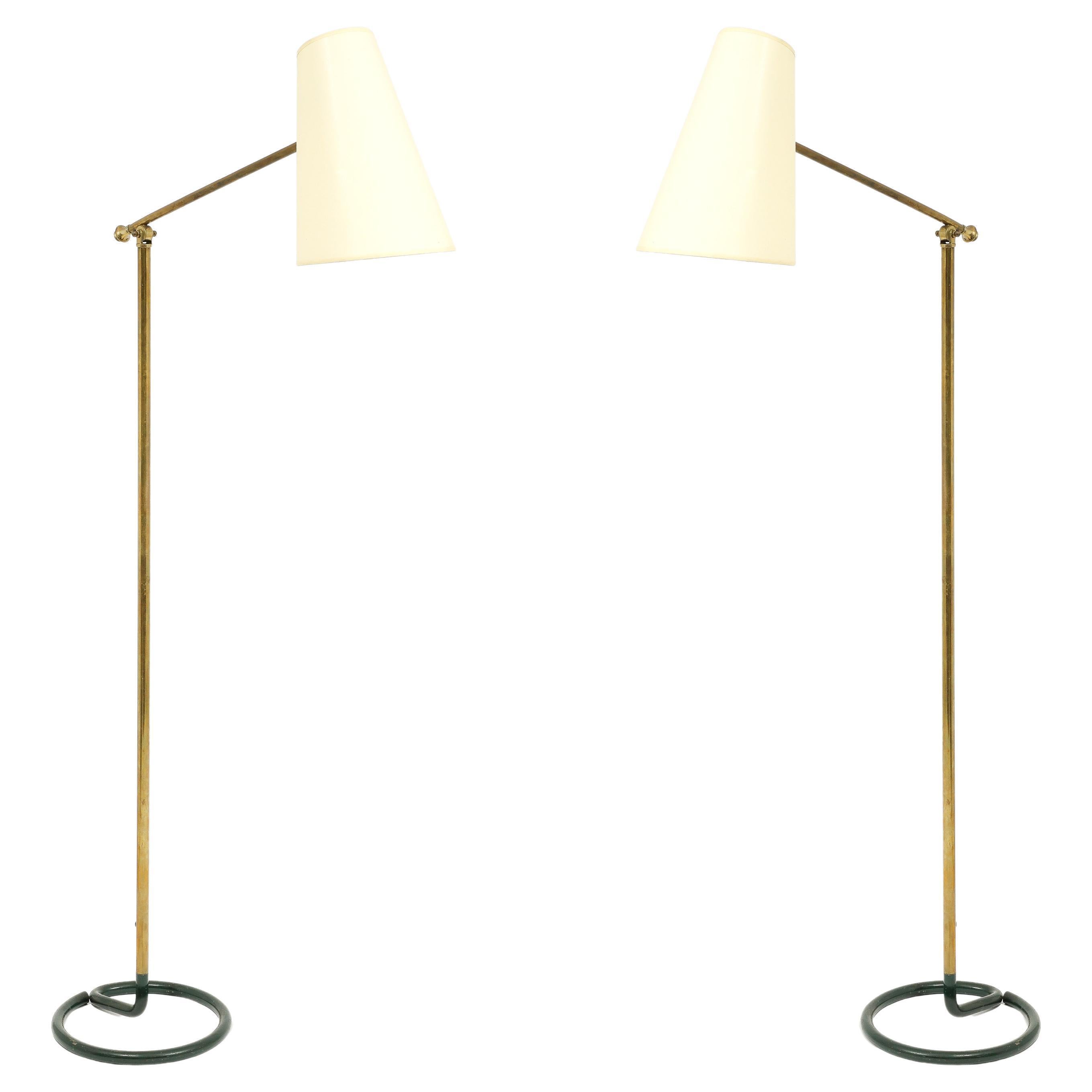 Stablet Hunter Green & Brass Floor Lamps, France 1950's For Sale
