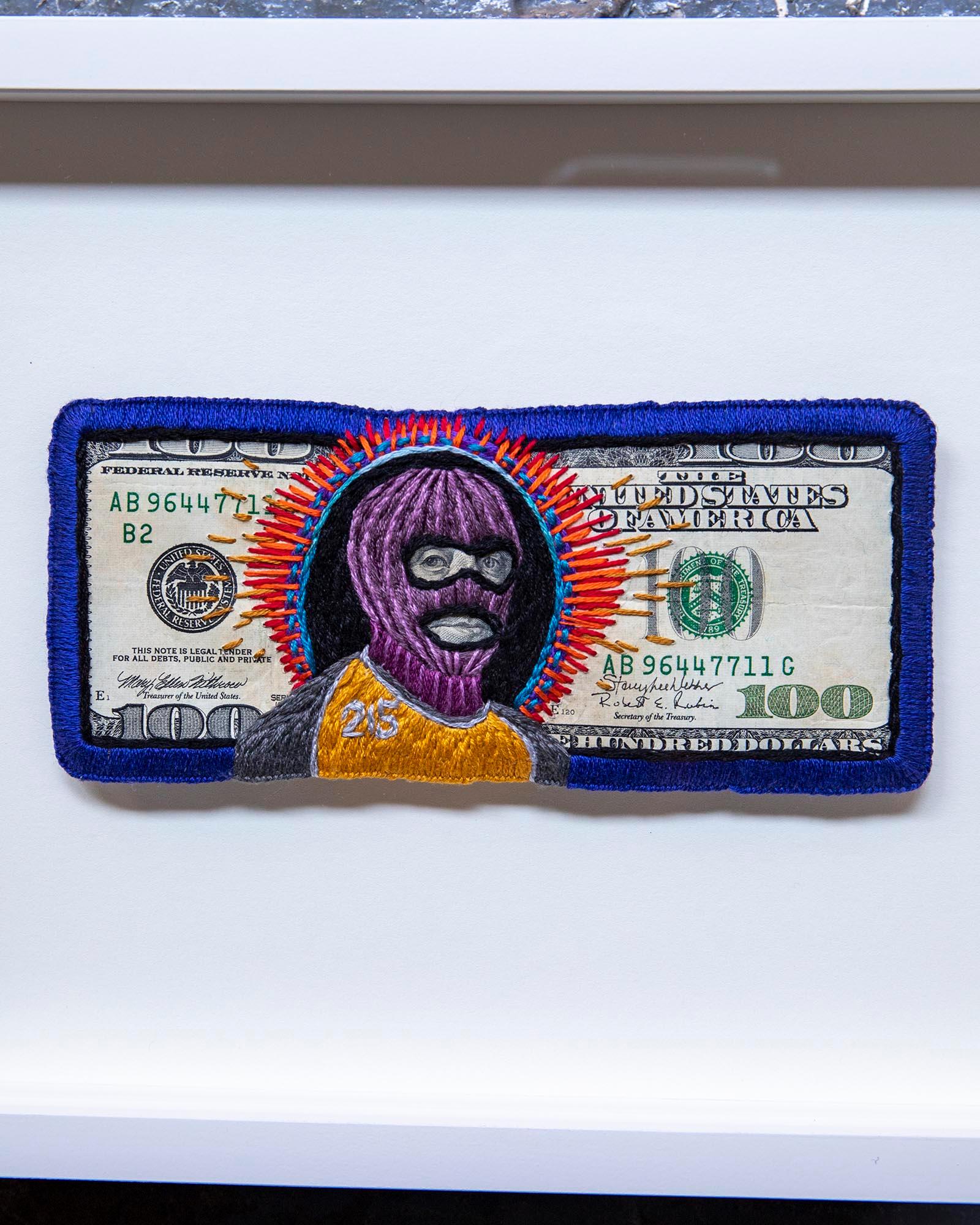 Stacey Lee Webber

Ben Franklin Ski Mask

12” x 10, framed

hand stitched paper currency

2022
