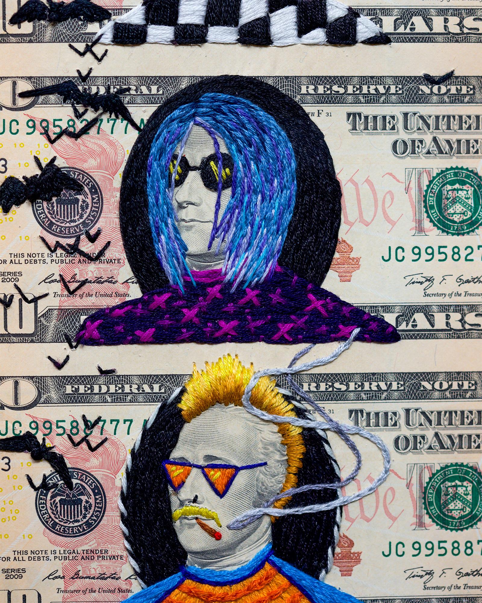 Stacey Lee Webber

Hamilton Punks

27” x 11.5” Framed

hand stitched uncut US paper currency, 1x8 sheet of ten dollar bills, signed on front

2023