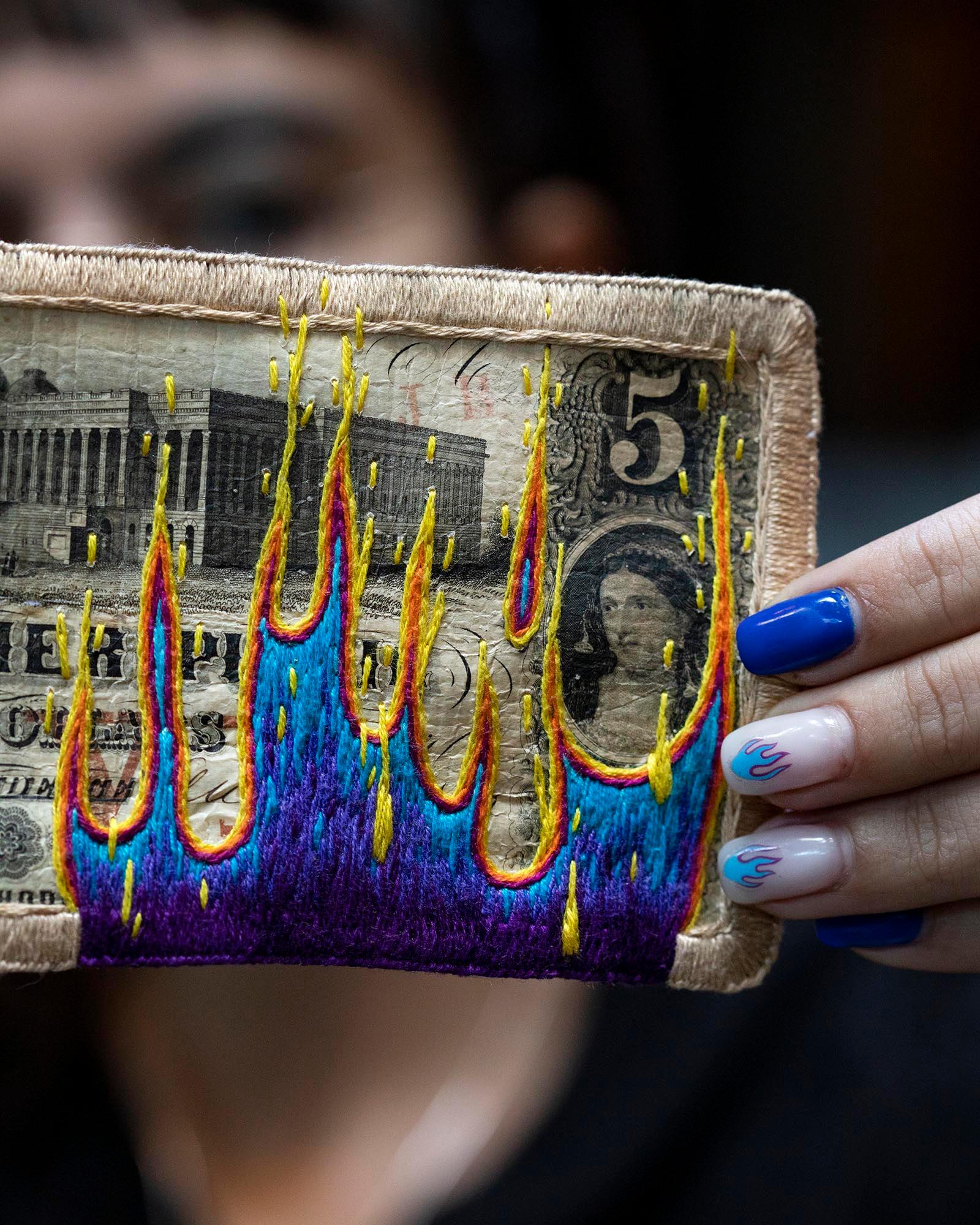 Stacey Lee Webber

Obsoletes: Providence Fire

4.5” x 8.75” acrylic case

hand stitched vintage obsolete US currency, signed on back

2022