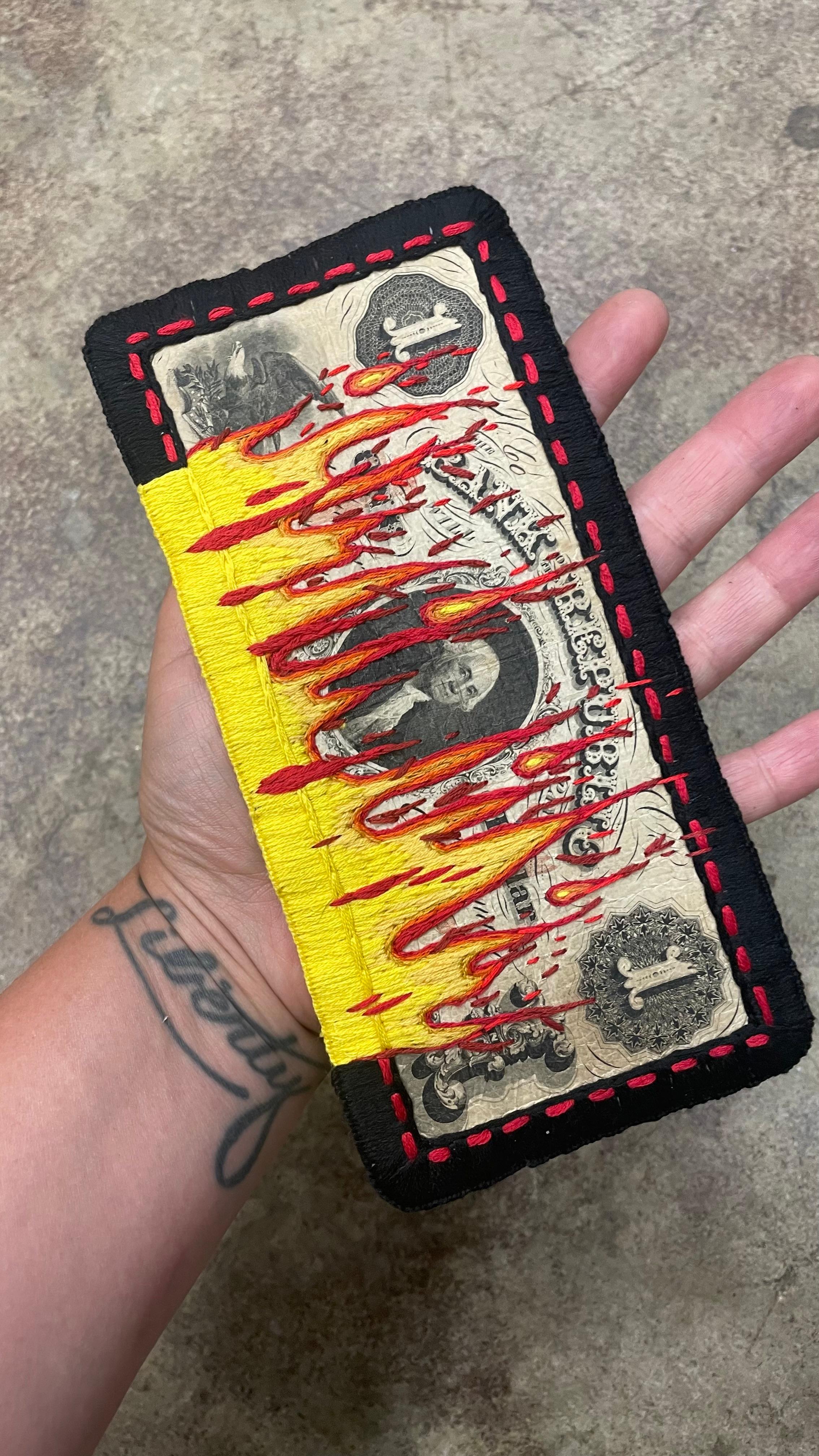 Stacey Lee Webber

Obsoletes: Washington Fire

4.75” x 9” acrylic case

hand stitched vintage obsolete US currency, signed on back

2022