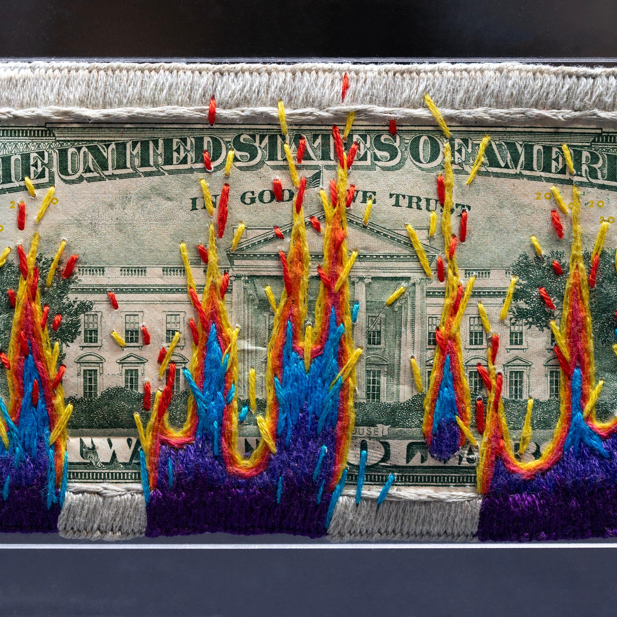 Stacey Lee Webber 

Purple Fire

7.25” x 3.75” acrylic case size

hand stitched US twenty dollar bill

2023