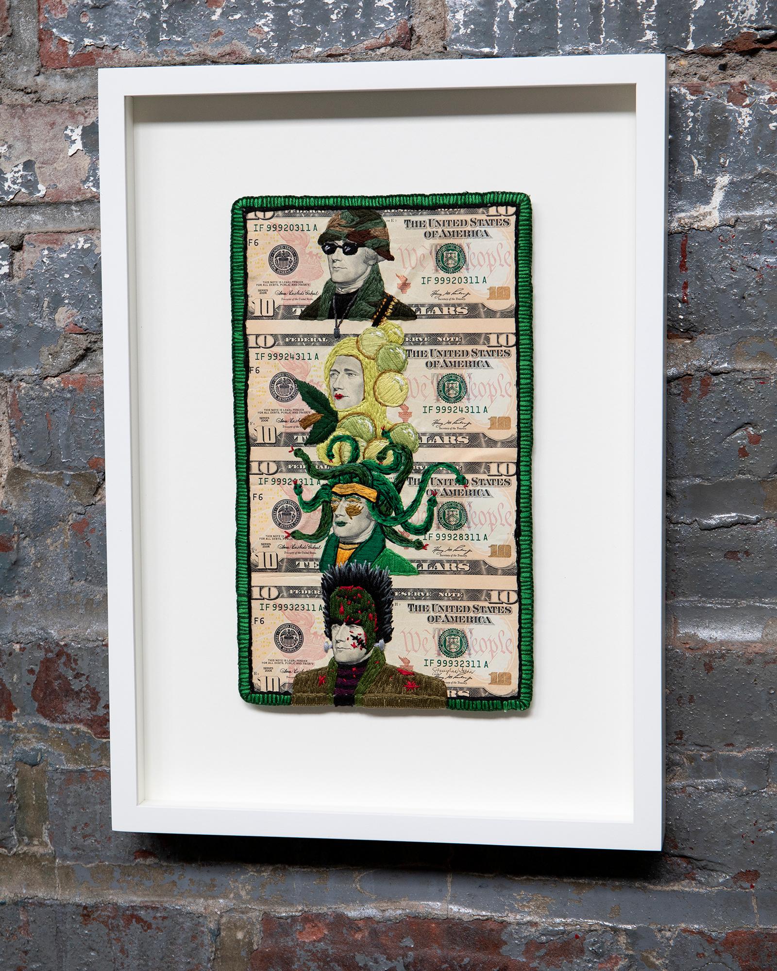 Stacey Lee Webber

Rainbow Costumes: Green Hamilton

15.75” x 11.5” 

handstitched cotton thread, uncut 1x4 US ten dollar bills, framed, glass face

2022