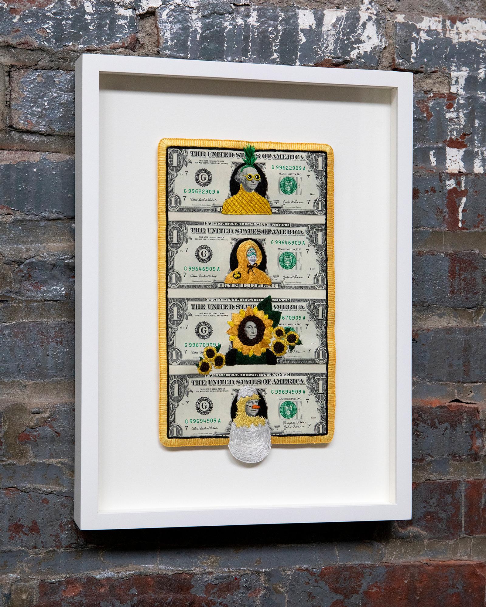 Stacey Lee Webber

Rainbow Costumes: Yellow Washington

15.75” x 11.5” 

handstitched cotton thread, uncut 1x4 US one dollar bills, framed, glass face

2022
