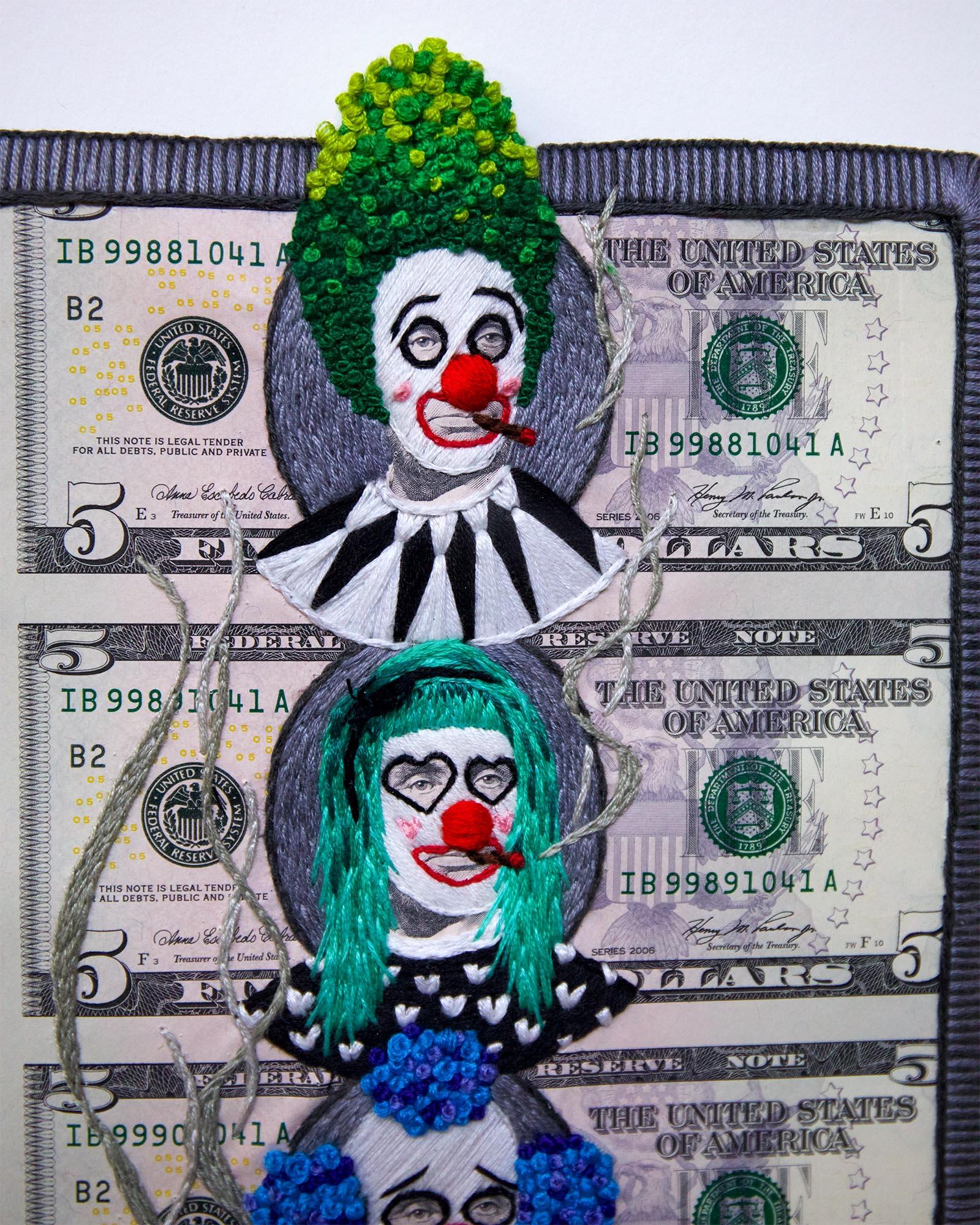 Stacey Lee Webber

Uncuts: Clown Spectrum Troupe

15.5” x 15.5” outside of frame

hand stitched uncut US paper currency, 2x4 sheet of five dollar bills, signed on front

2022