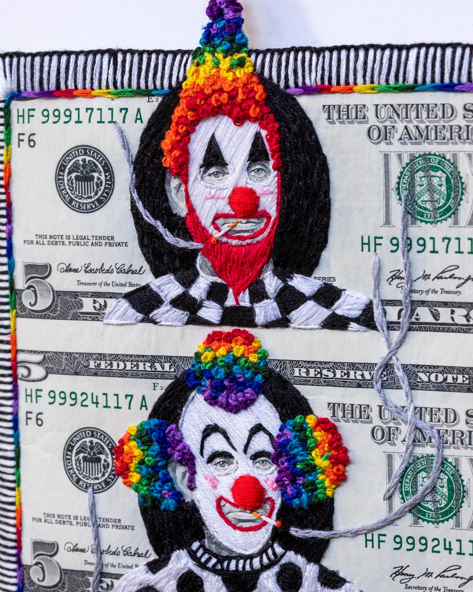 Stacey Lee Webber

Uncuts: Rainbow Clown Troupe

15.5” x 11.5” outside dimensions of frame

hand stitched uncut US paper currency, 1x4 sheet of five dollar bills, signed on front

2022