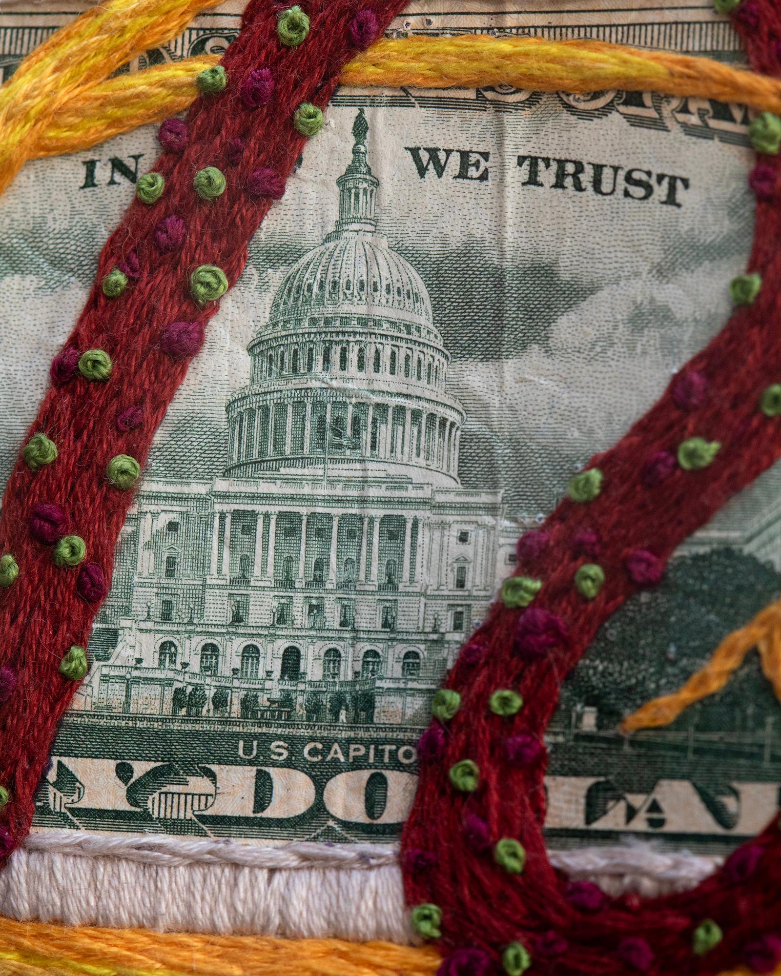 Stacey Lee Webber 

US Capital Snakes

7.25” x 3.75” acrylic case size

hand stitched US fifty dollar bill

2023