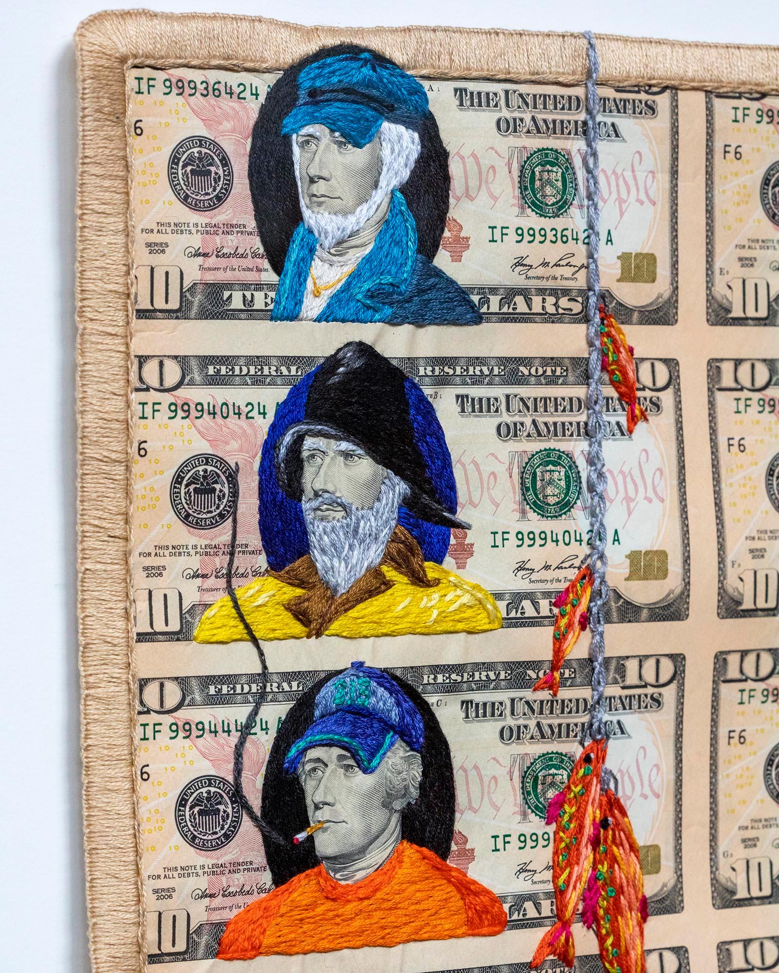 Hand stitched US uncut 16 bill sheet of 10 dollar bills, cotton thread, wood frame, museum glass face.
