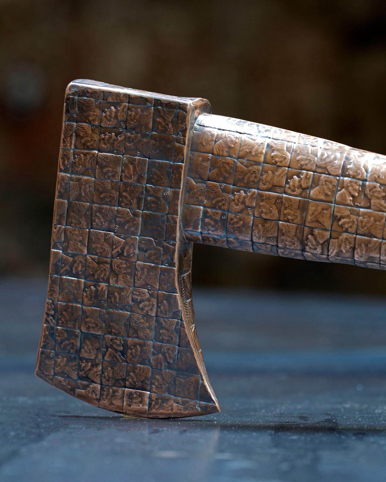 The Craftsmen Series: Hatchet

Soldered and fabricated solid copper US pennies, hollow metal construction.

The Craftsmen Series contains working man's tools recreated in copper pennies that are entirely hollow and true to size. The ghostlike