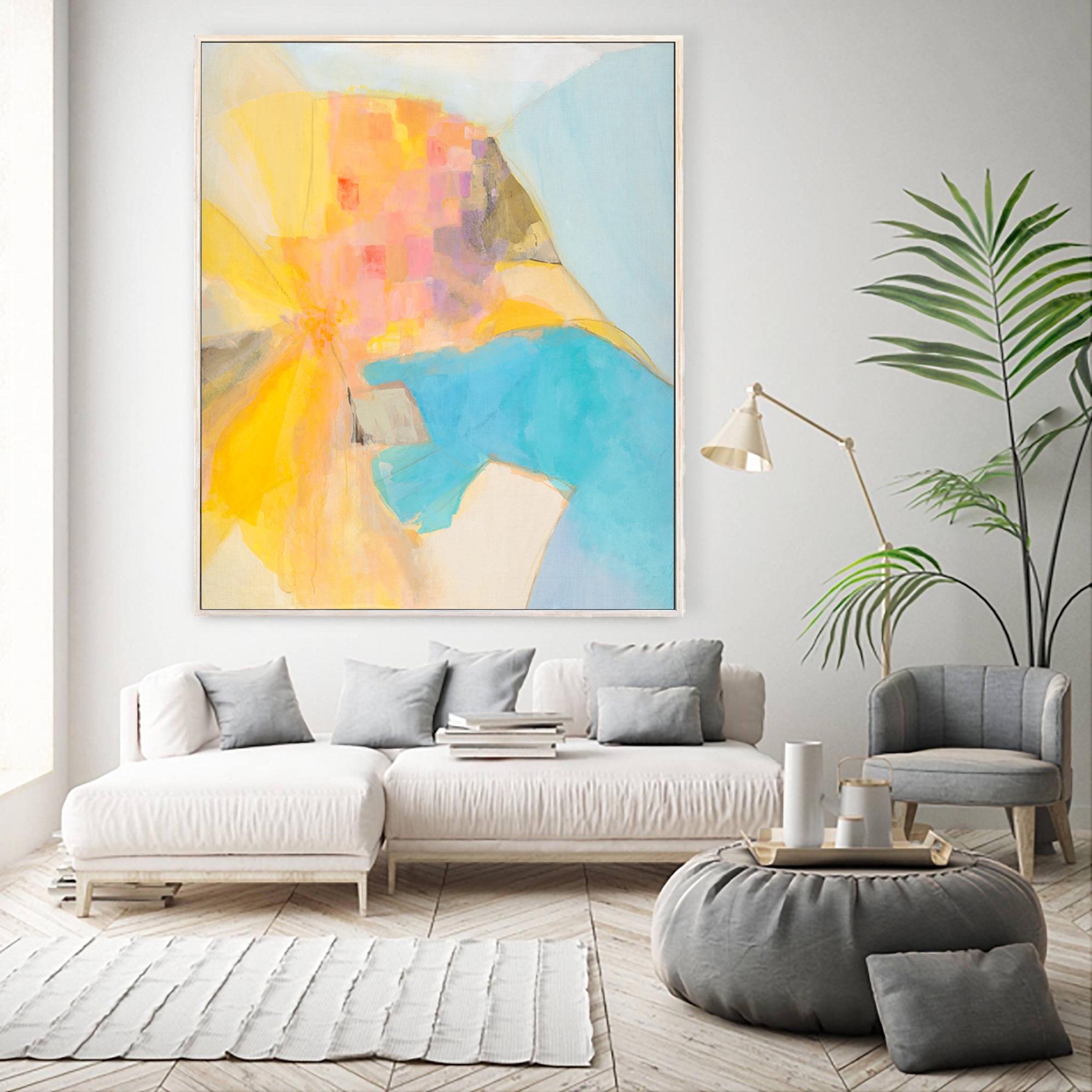 Manarola, Original Framed Contemporary Colorful Abstract Mixed Media Painting - Beige Abstract Painting by Stacey Warnix