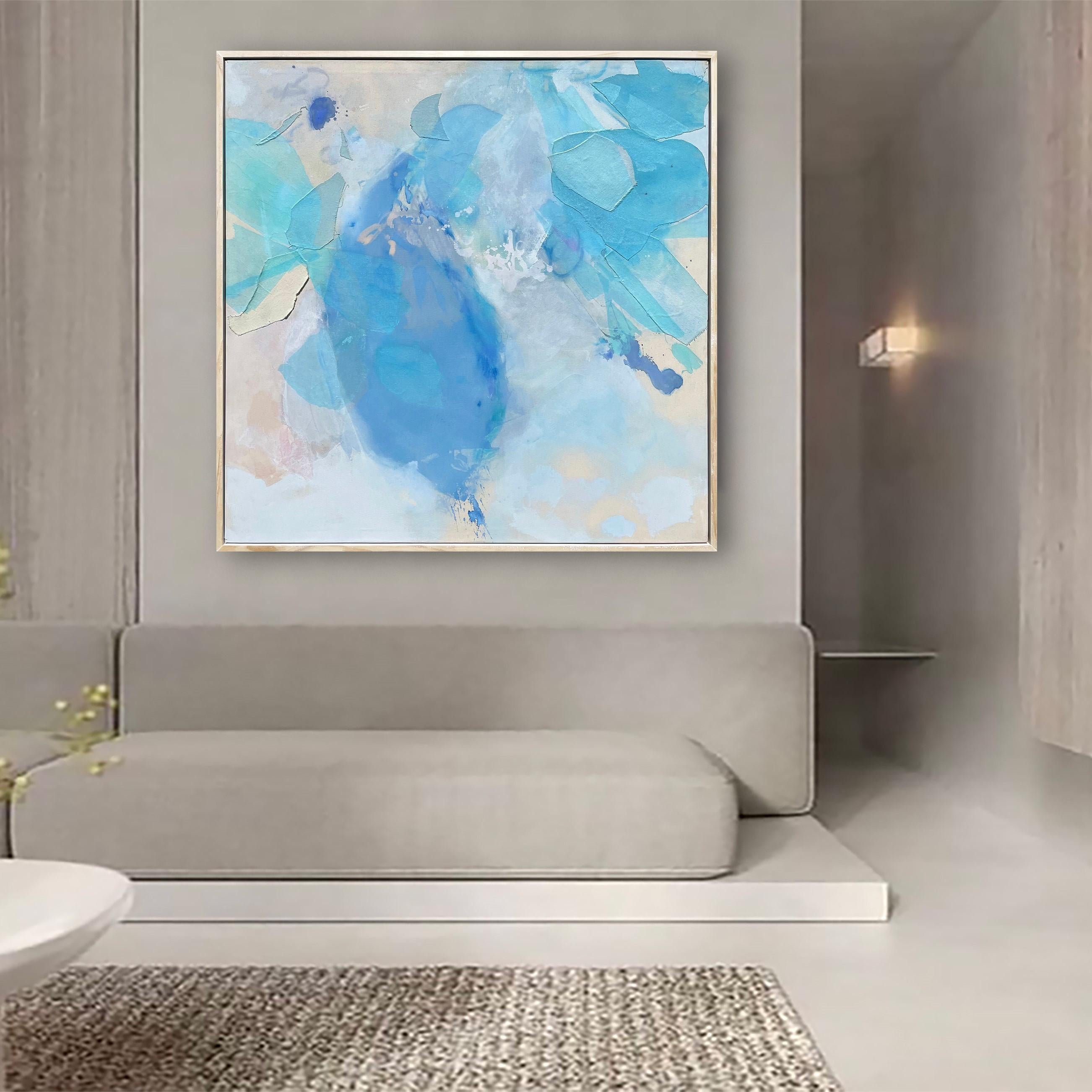 Rhythm of the Rain, Original Framed Blue Abstract Mixed Media Collage Painting
48x48x2 (HxWxD), Mixed Media

A peaceful color palette of blues and creams spill together in this square format work by artist Stacey Warnix. This piece is a strong