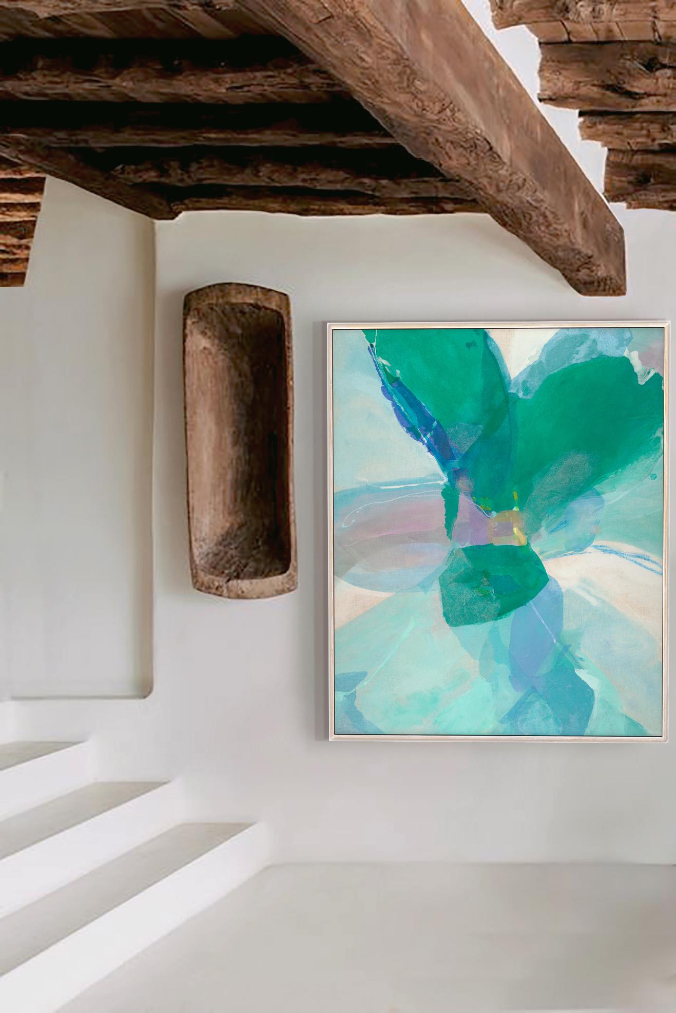 Varenna, quadro astratto contemporaneo blu e verde acqua con cornice originale su lino - Painting di Stacey Warnix