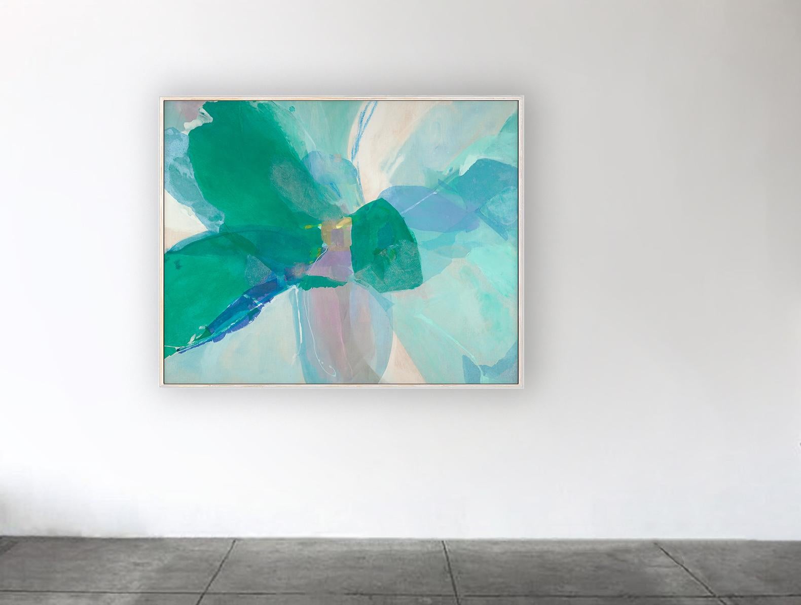 Varenna, quadro astratto contemporaneo blu e verde acqua con cornice originale su lino - Painting Astratto di Stacey Warnix