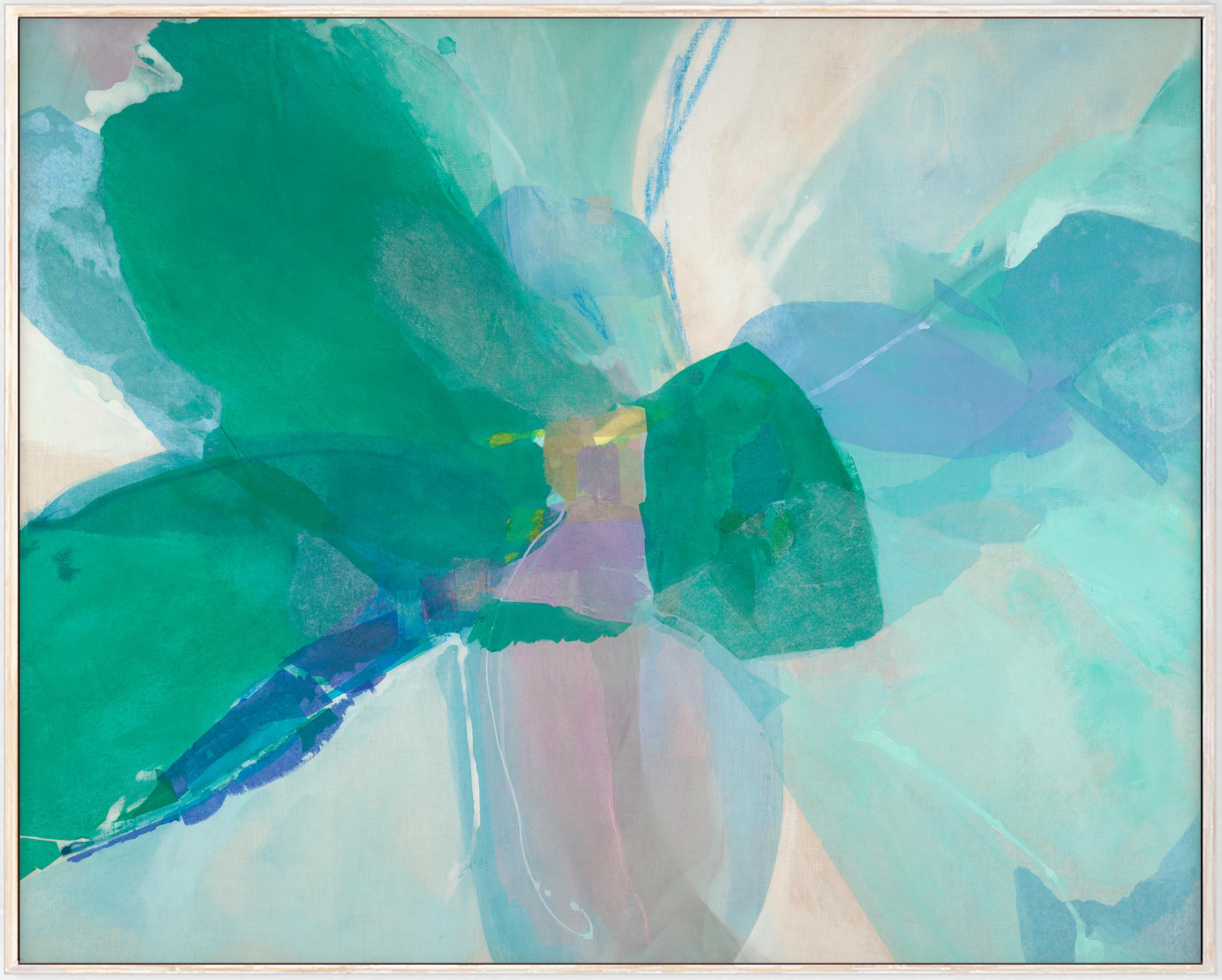 Landscape Painting di Stacey Warnix - Varenna, quadro astratto contemporaneo blu e verde acqua con cornice originale su lino