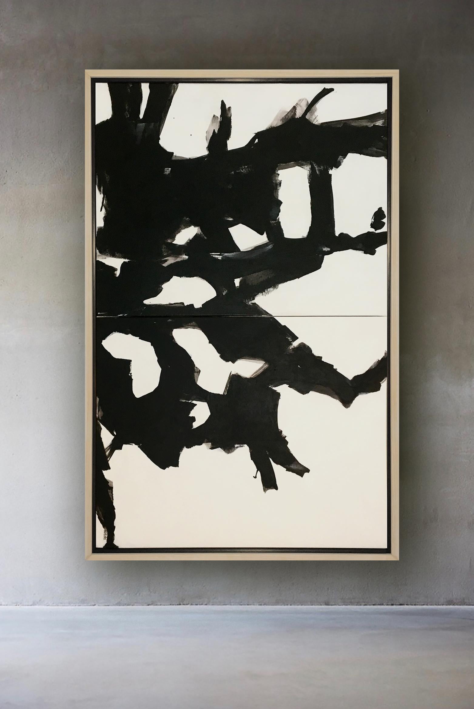 Wintersong, Original gerahmtes minimalistisches schwarzes und weißes abstraktes Diptychongemälde (Abstrakter Expressionismus), Painting, von Stacey Warnix
