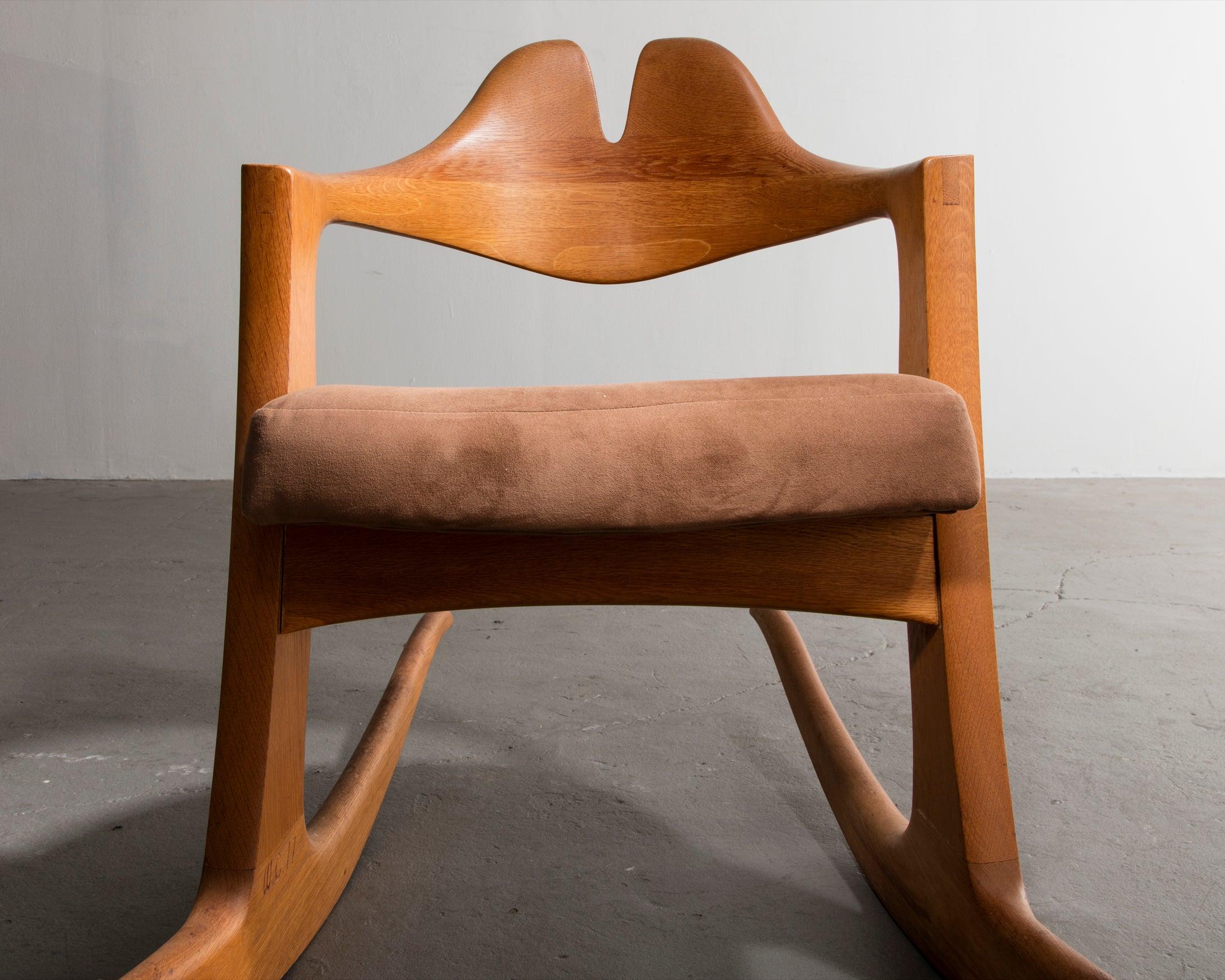 Suede Stack Laminated and Carved Oak Quinn Rocker by Wendell Castle, 1977