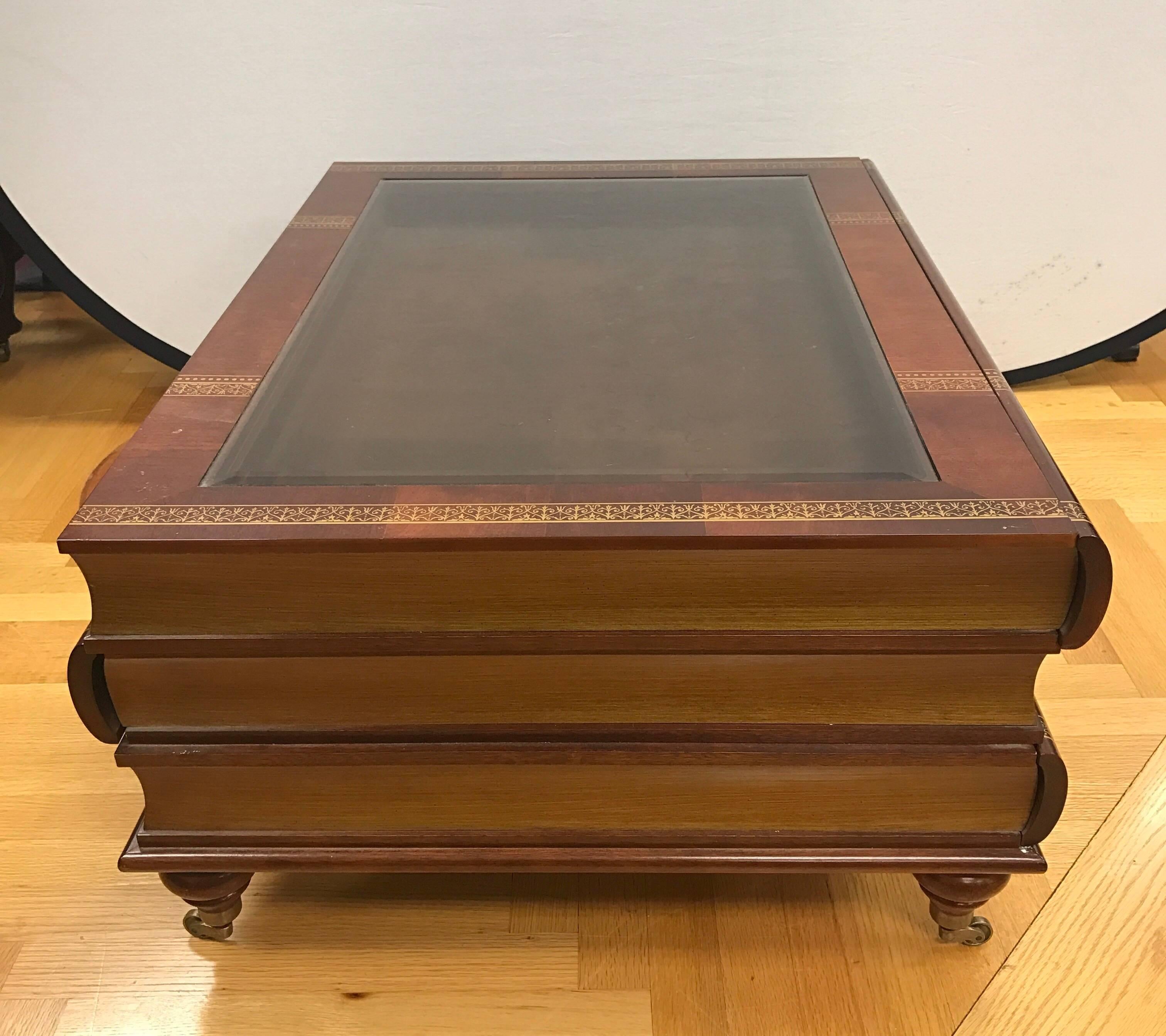 Stack of Books Coffee Cocktail Table with Three Drawers and Glass Display Top 3