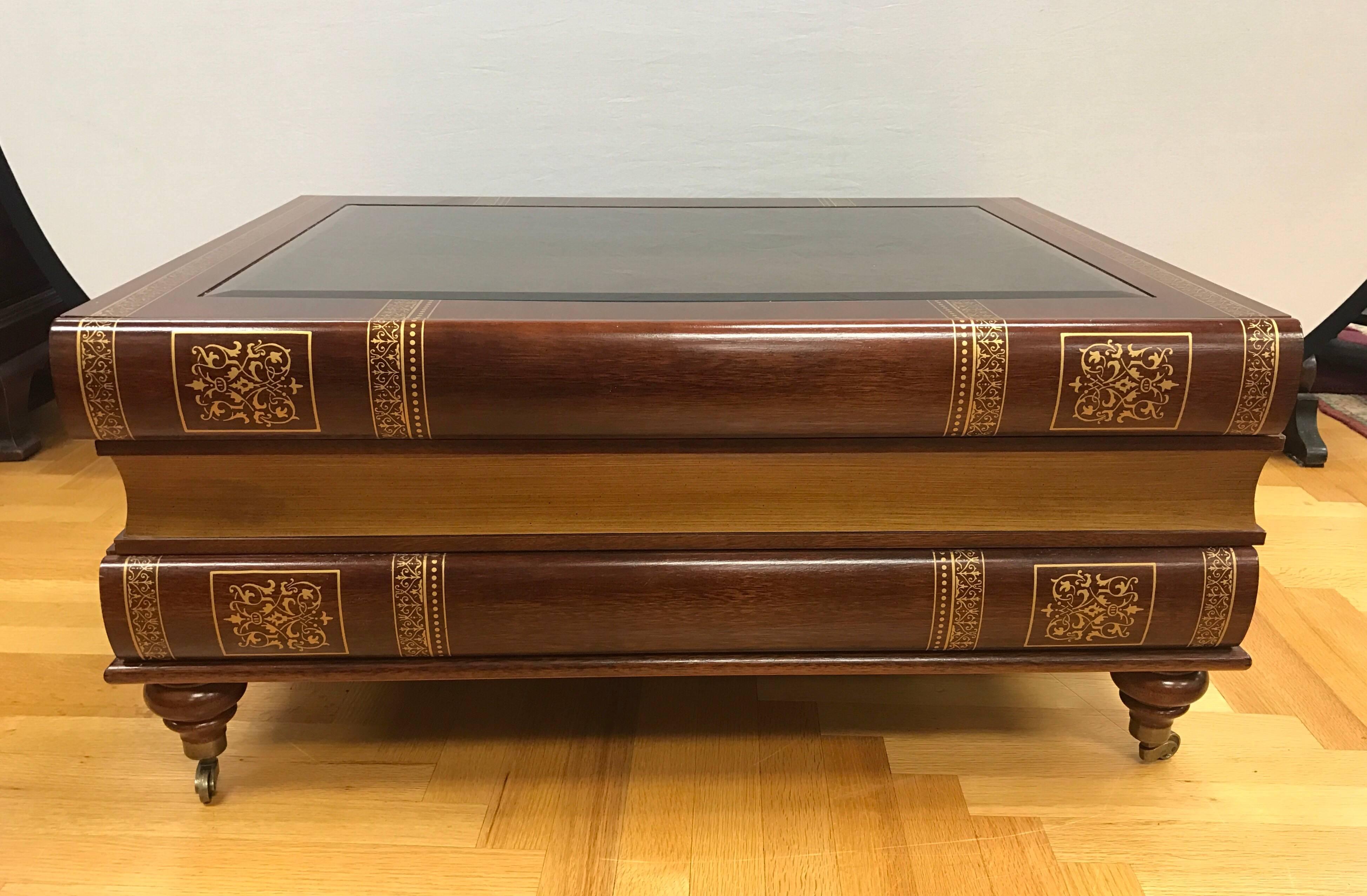 Stack of Books Coffee Cocktail Table with Three Drawers and Glass Display Top In Excellent Condition In West Hartford, CT
