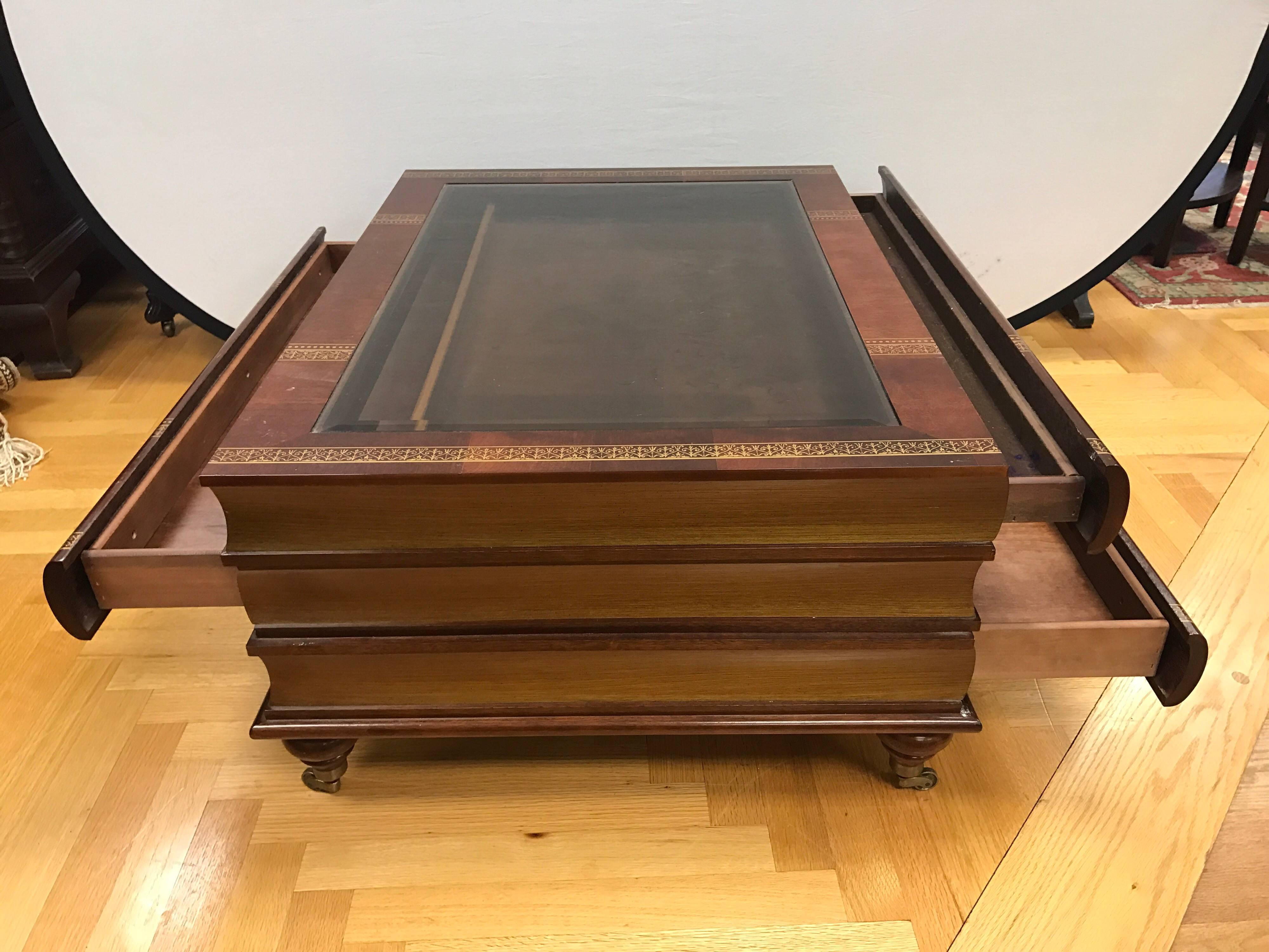 Stack of Books Coffee Cocktail Table with Three Drawers and Glass Display Top 2