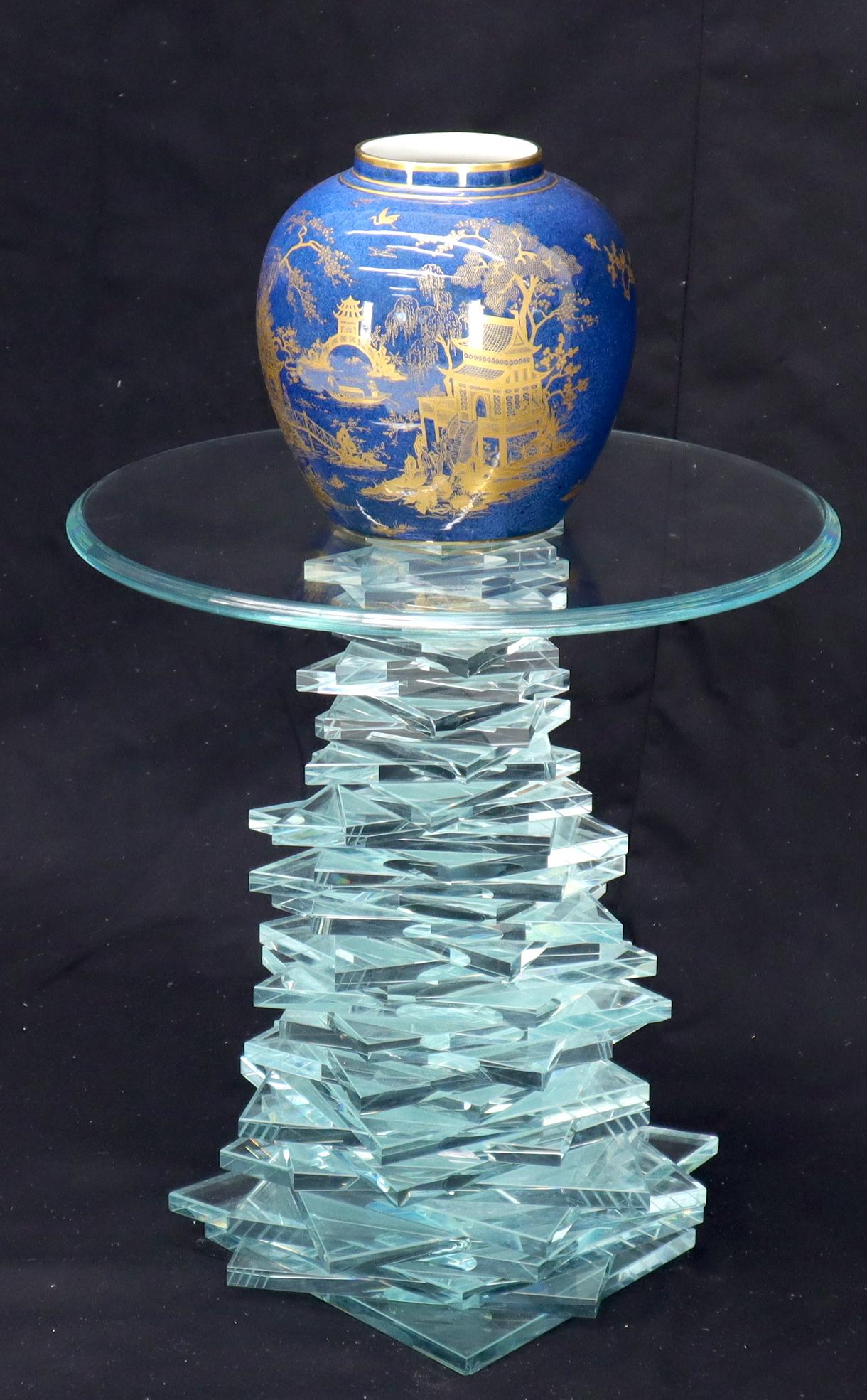 Mid-Century Modern Stack of Cut Glass Base Round Top Side Coffee Table Arts & Crafts For Sale