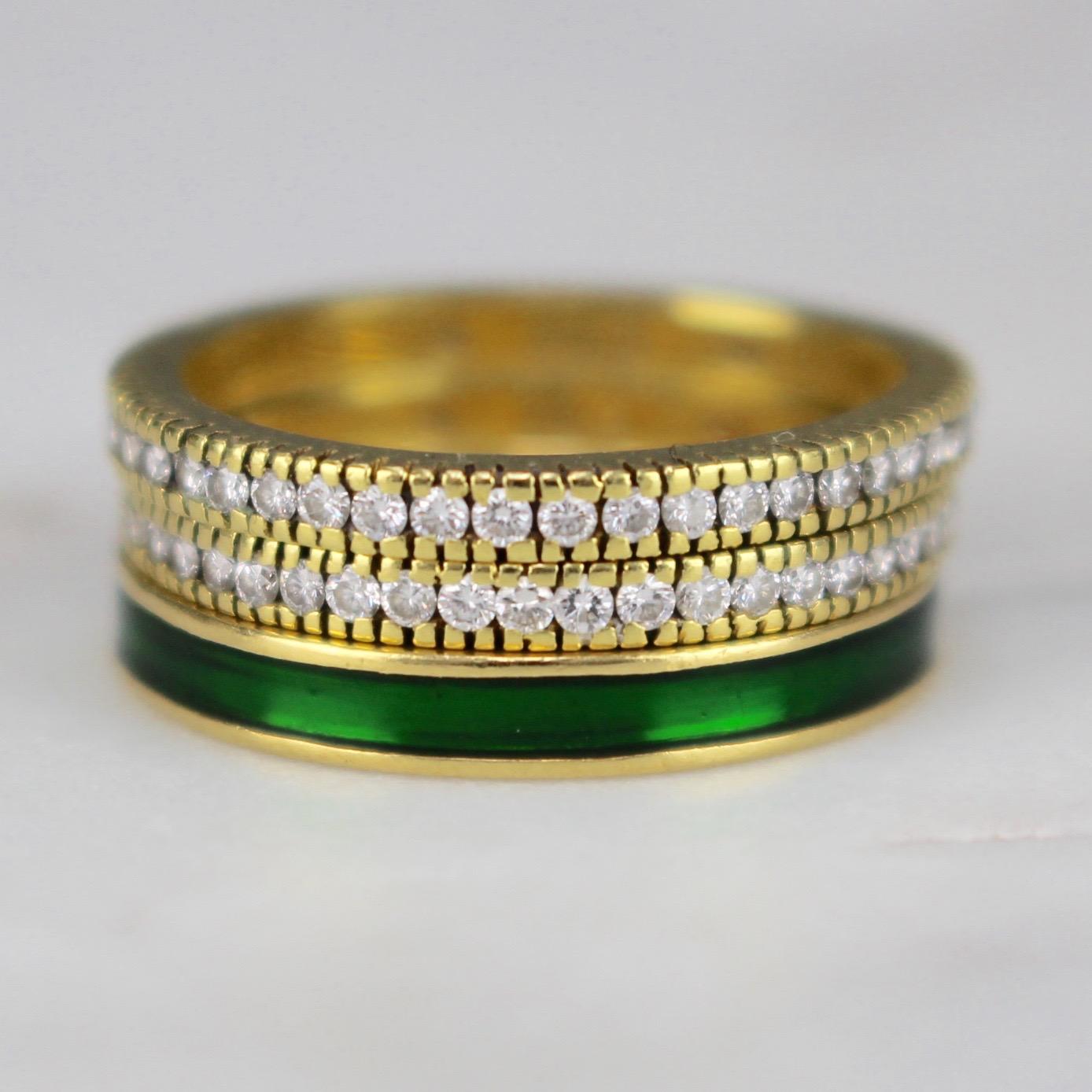 British Stack Rings with Green Enamel and Diamonds, circa 1990s