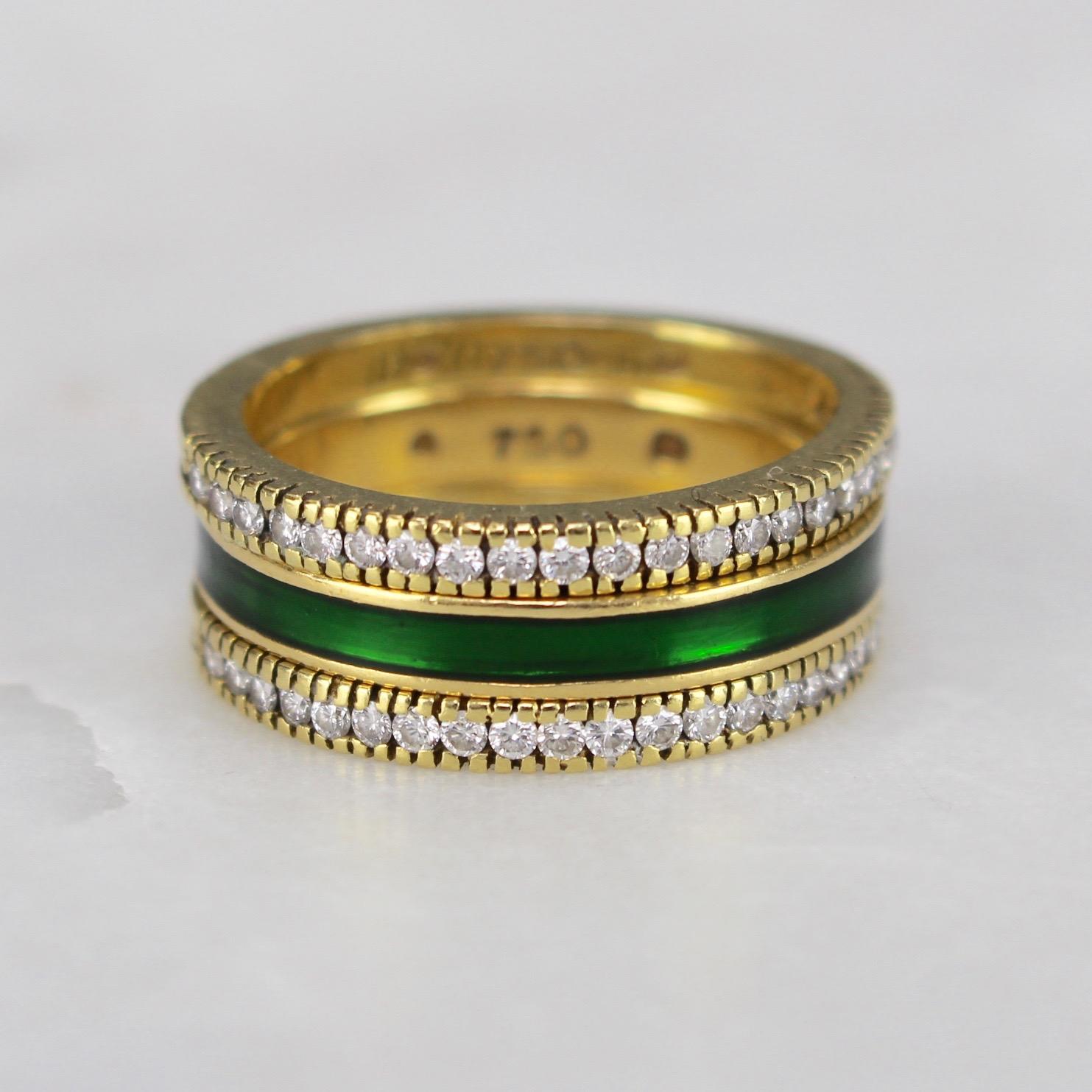 Stack Rings with Green Enamel and Diamonds, circa 1990s In Good Condition In London, GB