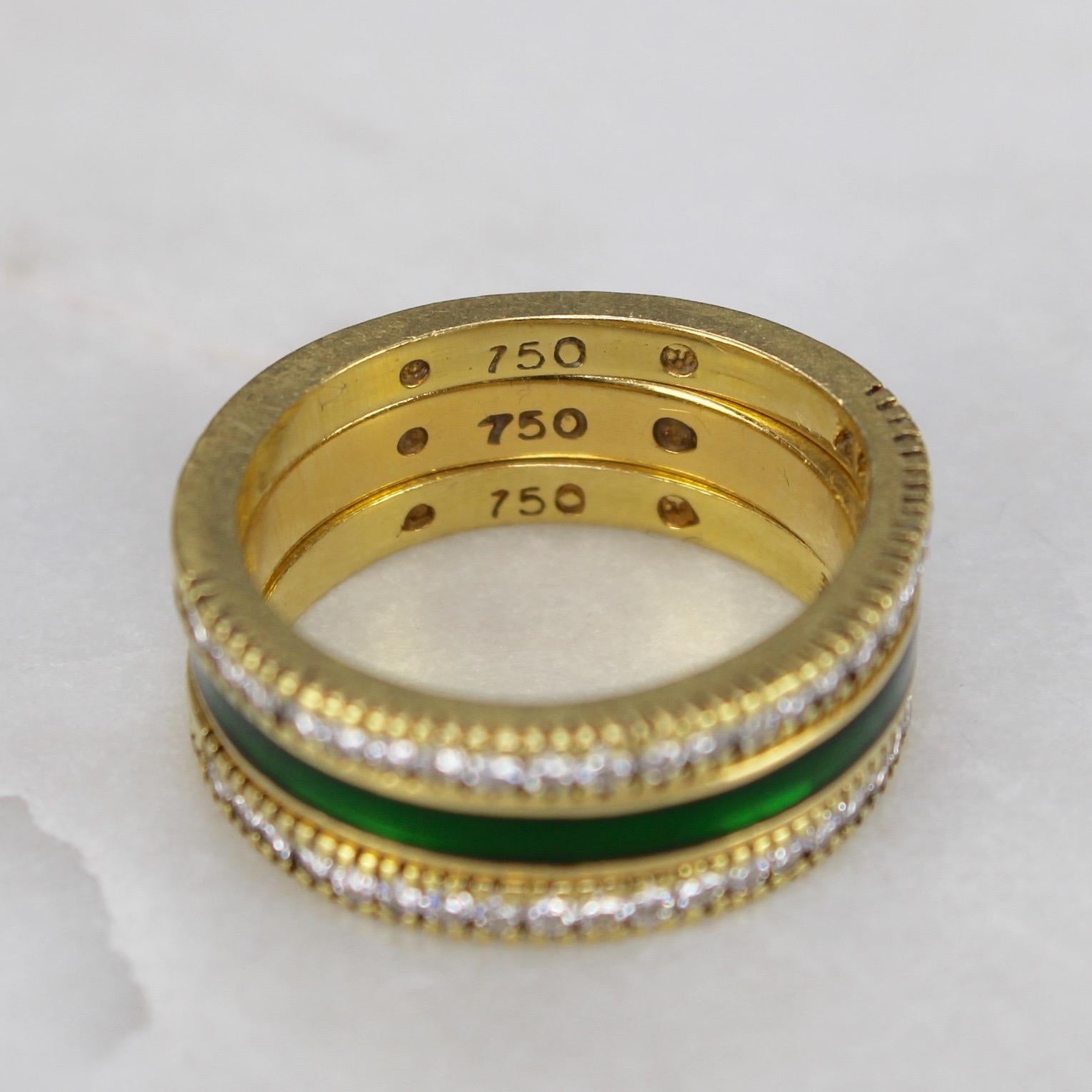 Late 20th Century Stack Rings with Green Enamel and Diamonds, circa 1990s