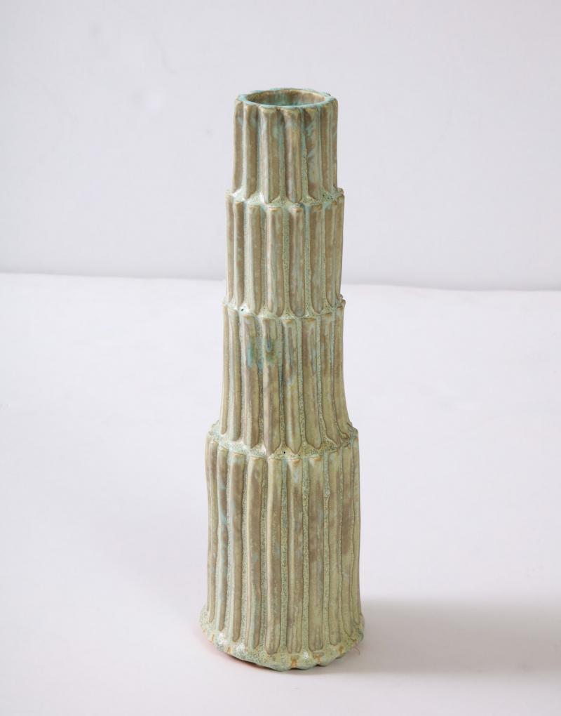 Stack vase #3 by Robbie Heidinger. Cylindrical vase form of glazed stoneware. Stacked and ribbed elements.