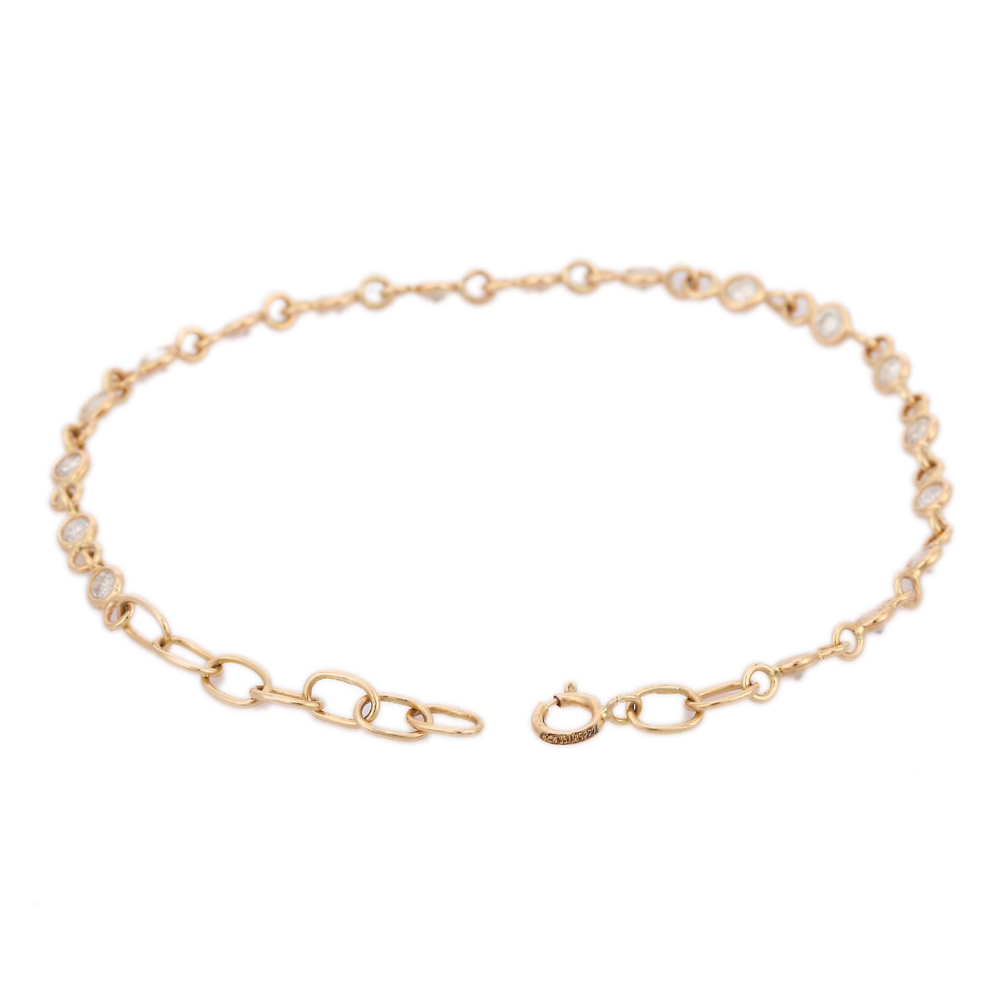Round Cut Stackable 1.24 ct Natural Diamond Chain Bracelet in 14K Solid Yellow Gold For Sale