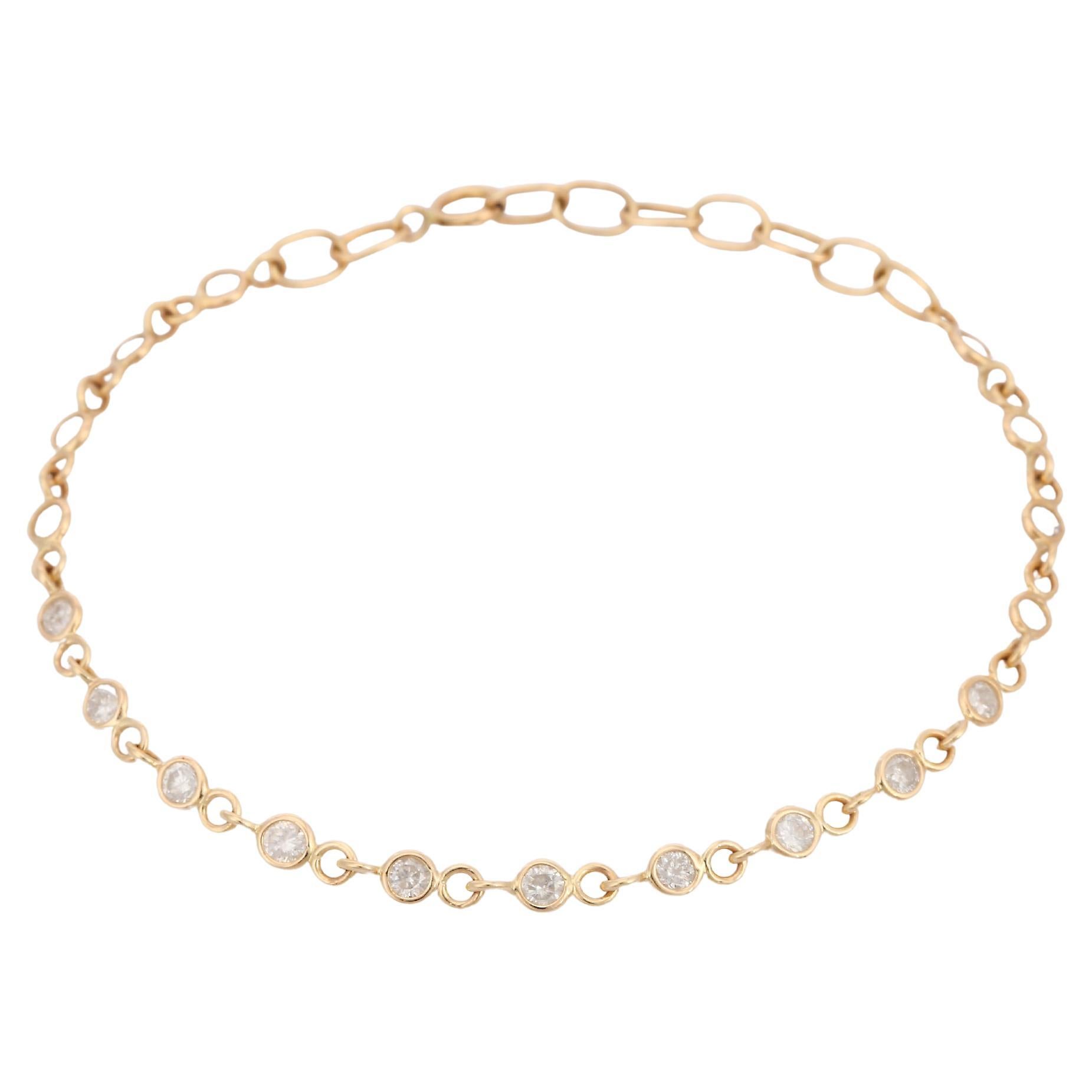 Stackable 1.24 ct Natural Diamond Chain Bracelet in 14K Solid Yellow Gold For Sale
