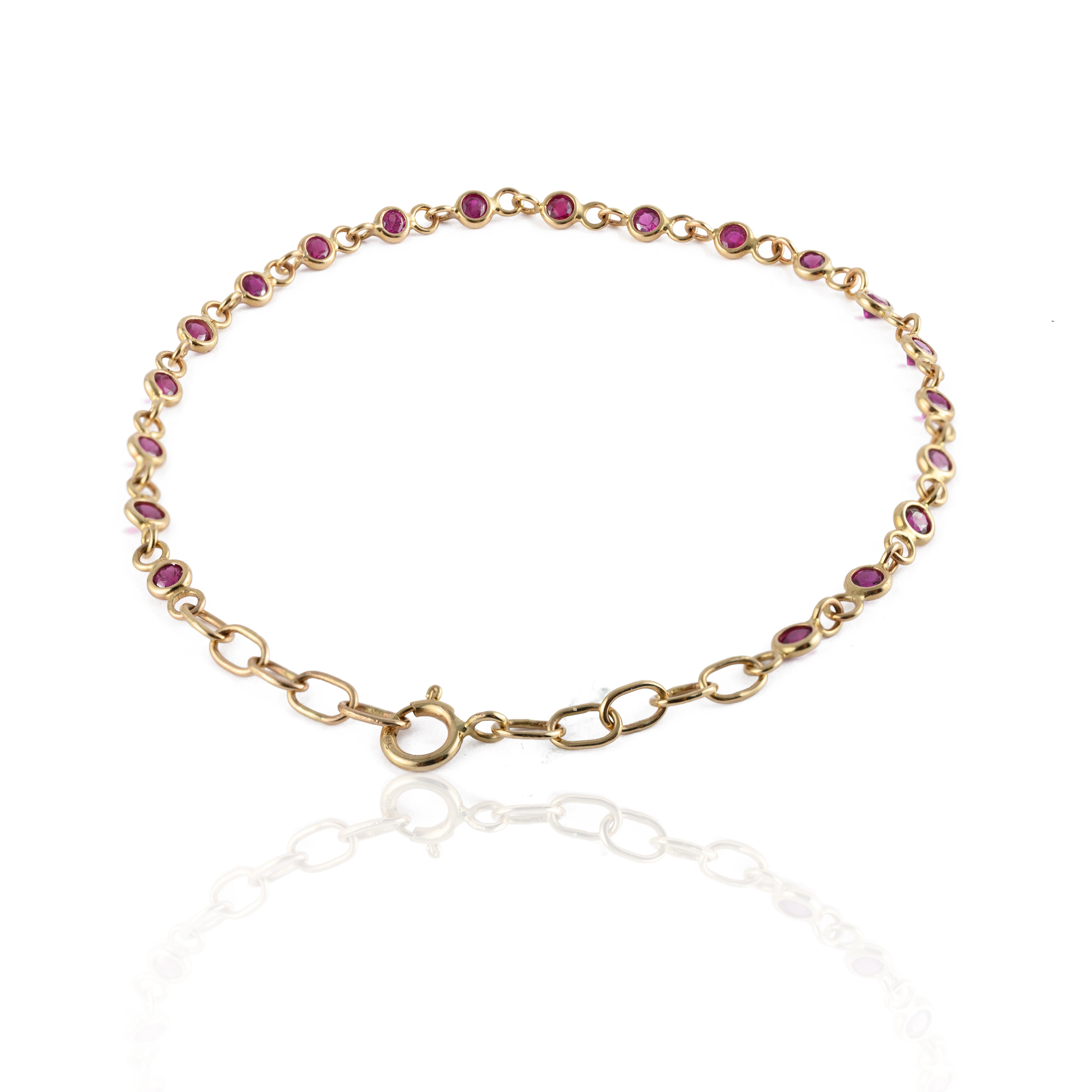 Modern Stackable 14k Solid Yellow Gold Ruby Link Chain Bracelet For Sale