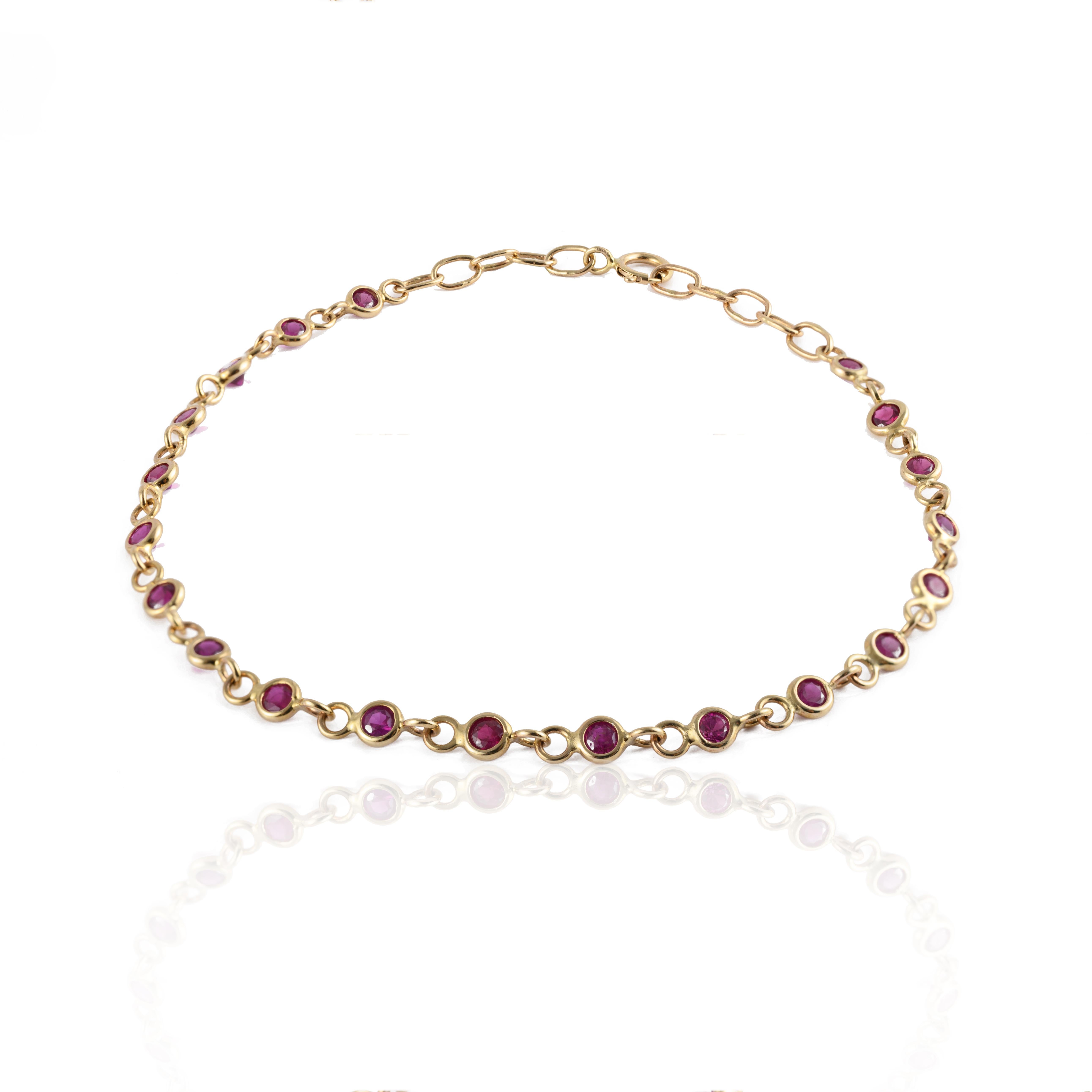 Round Cut Stackable 14k Solid Yellow Gold Ruby Link Chain Bracelet For Sale