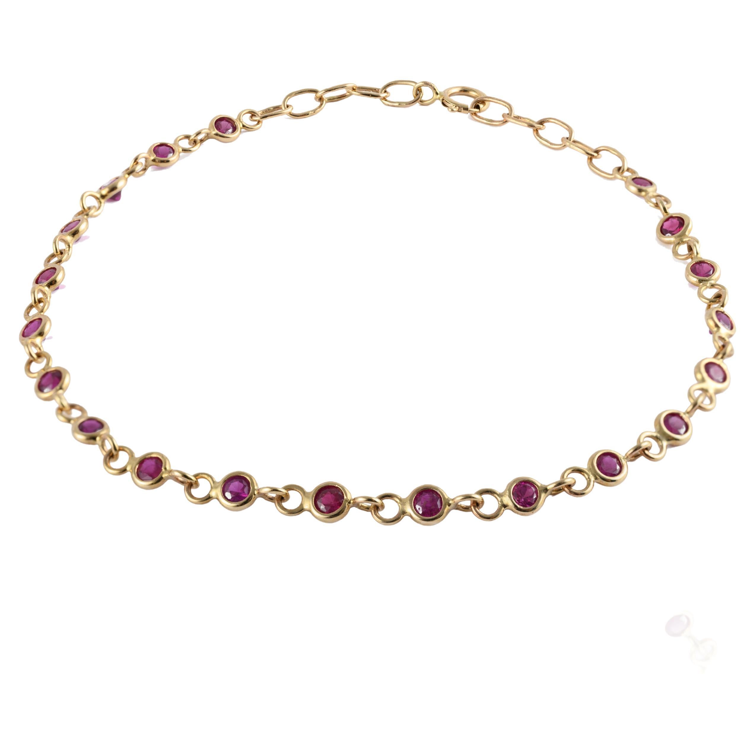 Stackable 14k Solid Yellow Gold Ruby Link Chain Bracelet For Sale