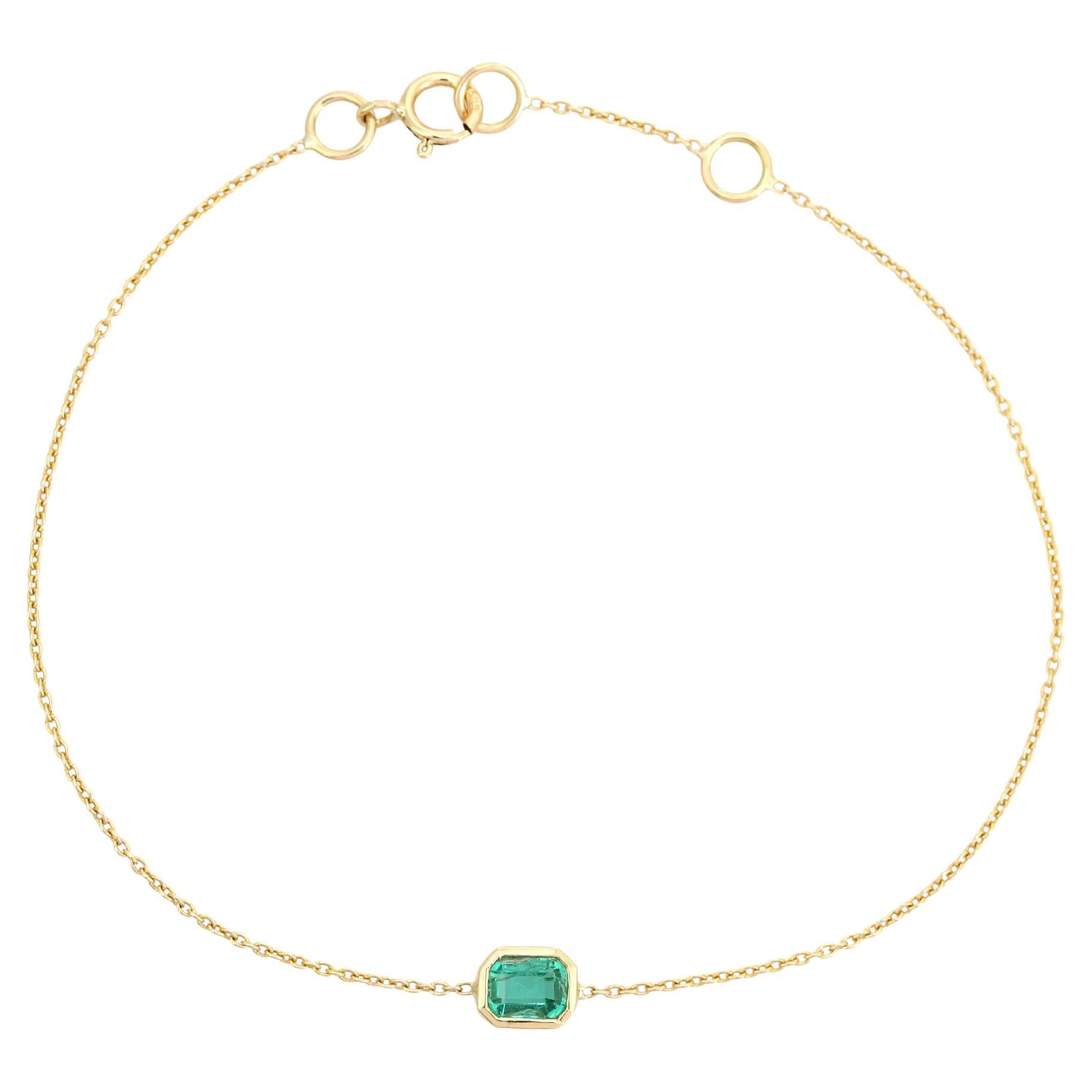 Stackable 14K Yellow Gold Bezel-Set Emerald-Cut Natural Emerald Chain Bracelet