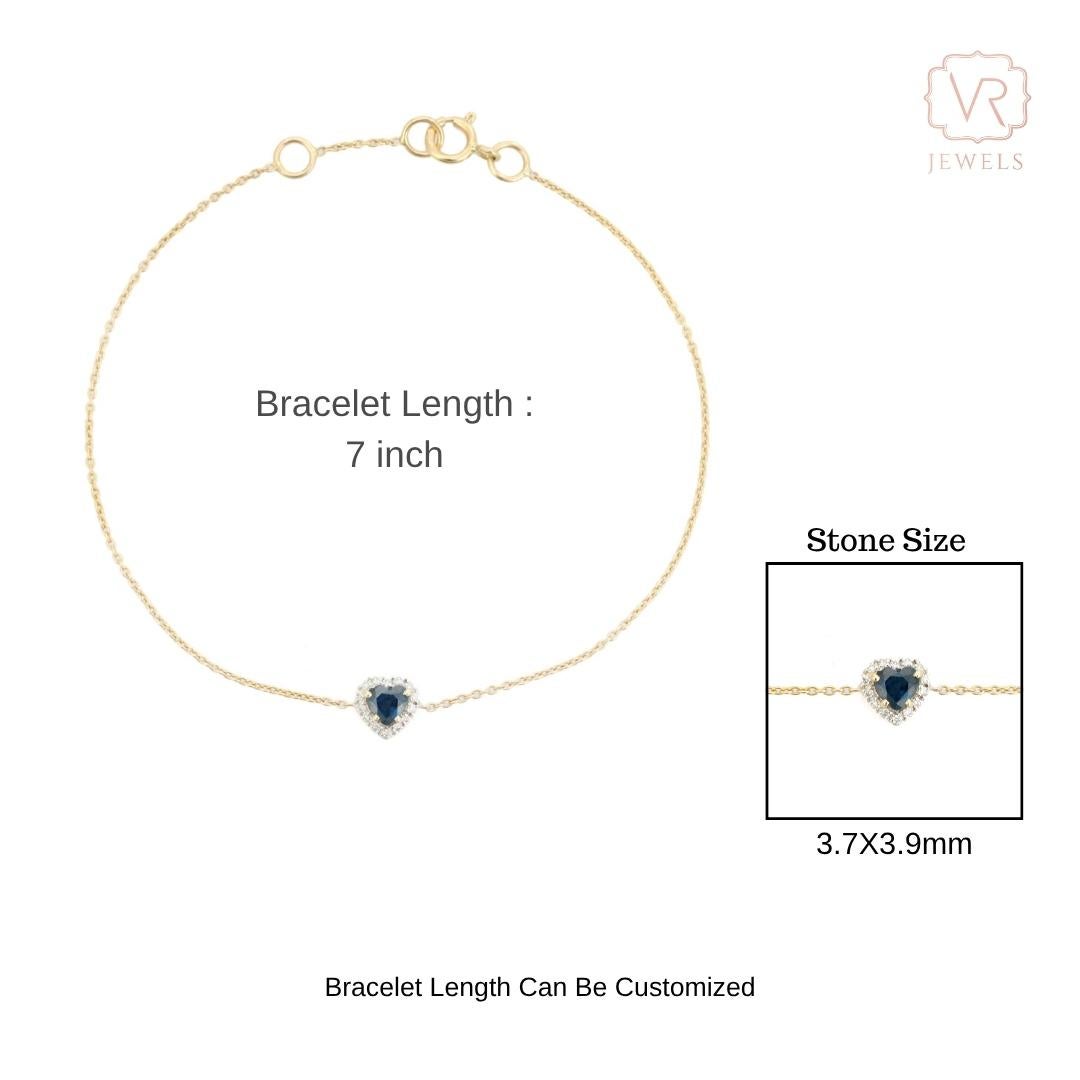 Pulsera apilable de oro amarillo de 14k con zafiro azul talla corazón y halo de diamantes en venta 8