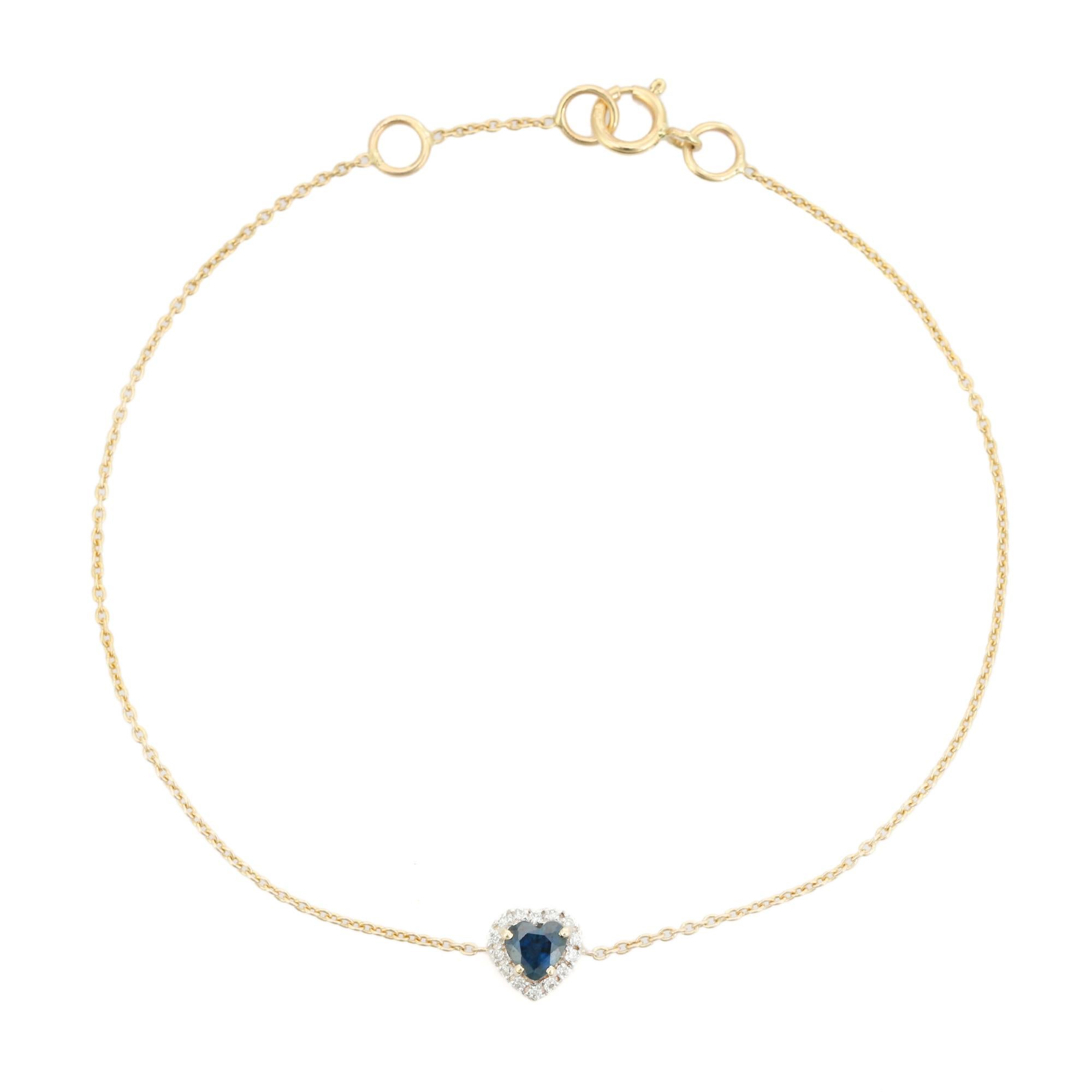 Pulsera apilable de oro amarillo de 14k con zafiro azul talla corazón y halo de diamantes Corte de corazón en venta