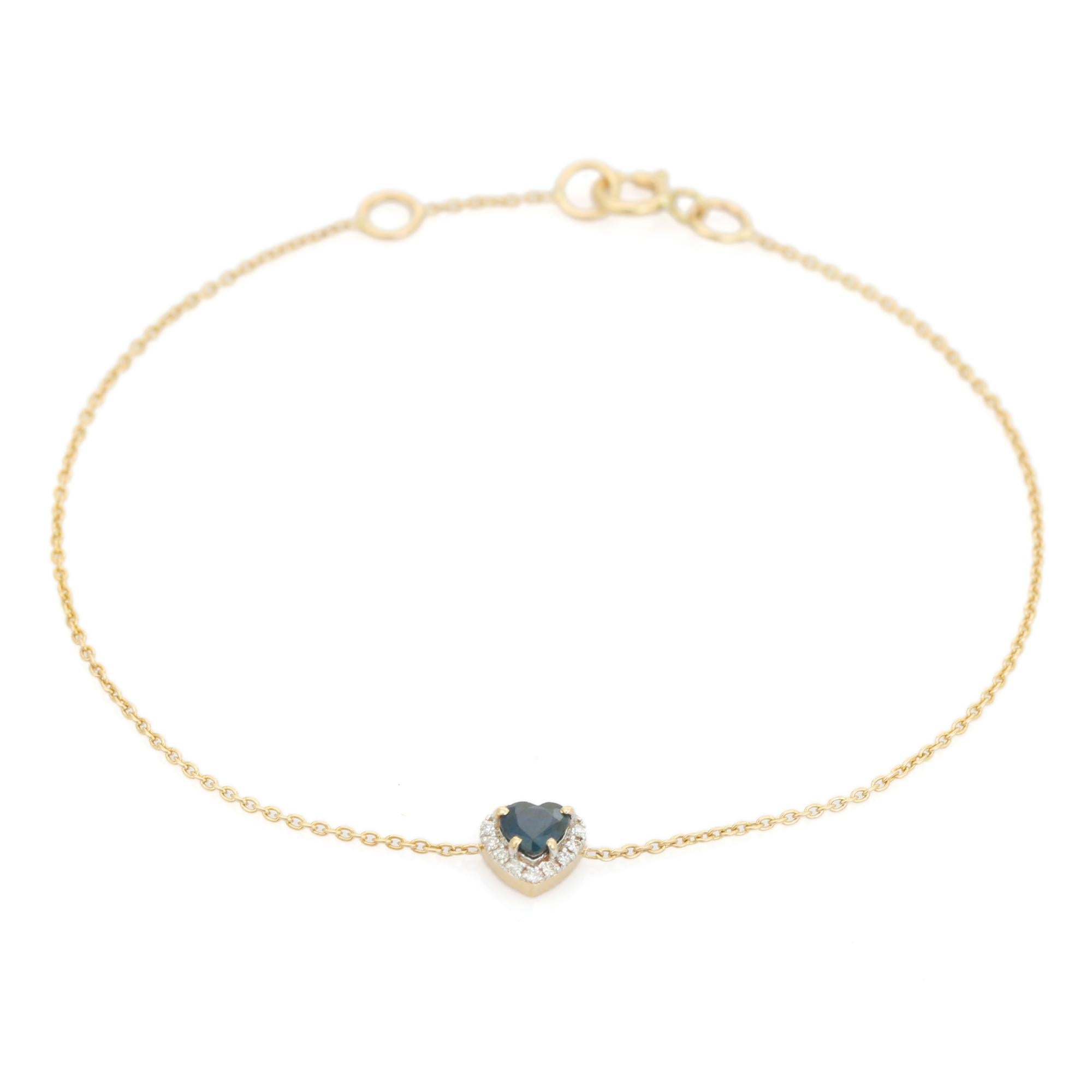Pulsera apilable de oro amarillo de 14k con zafiro azul talla corazón y halo de diamantes en Nuevo estado para la venta en New York, NY