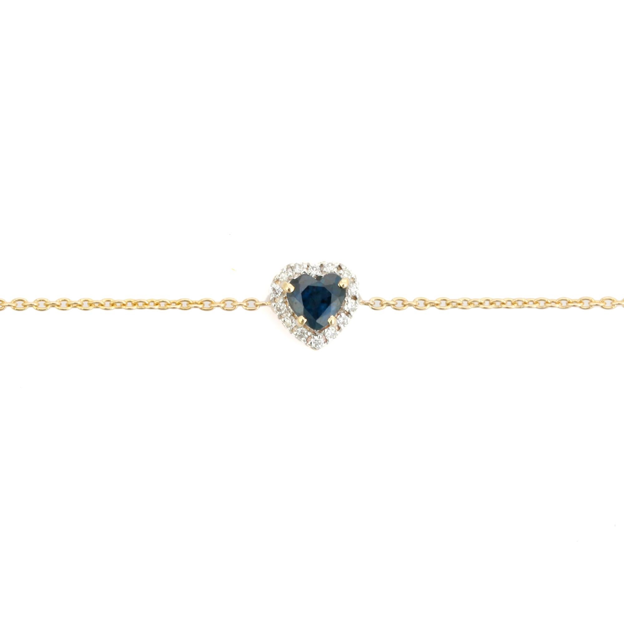 De las mujeres Pulsera apilable de oro amarillo de 14k con zafiro azul talla corazón y halo de diamantes en venta