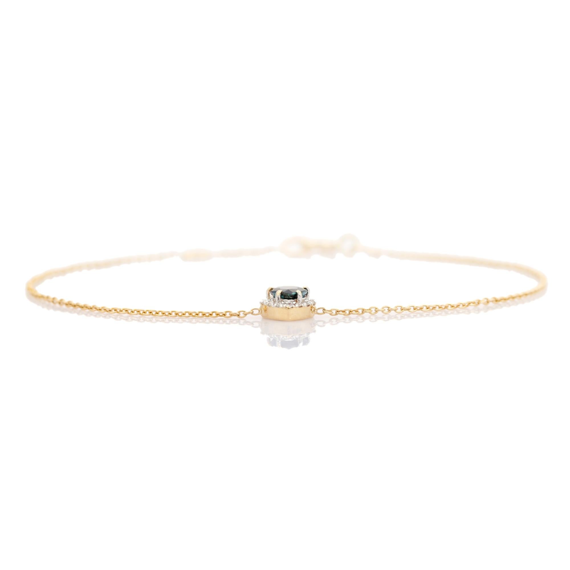 Pulsera apilable de oro amarillo de 14k con zafiro azul talla corazón y halo de diamantes en venta 3