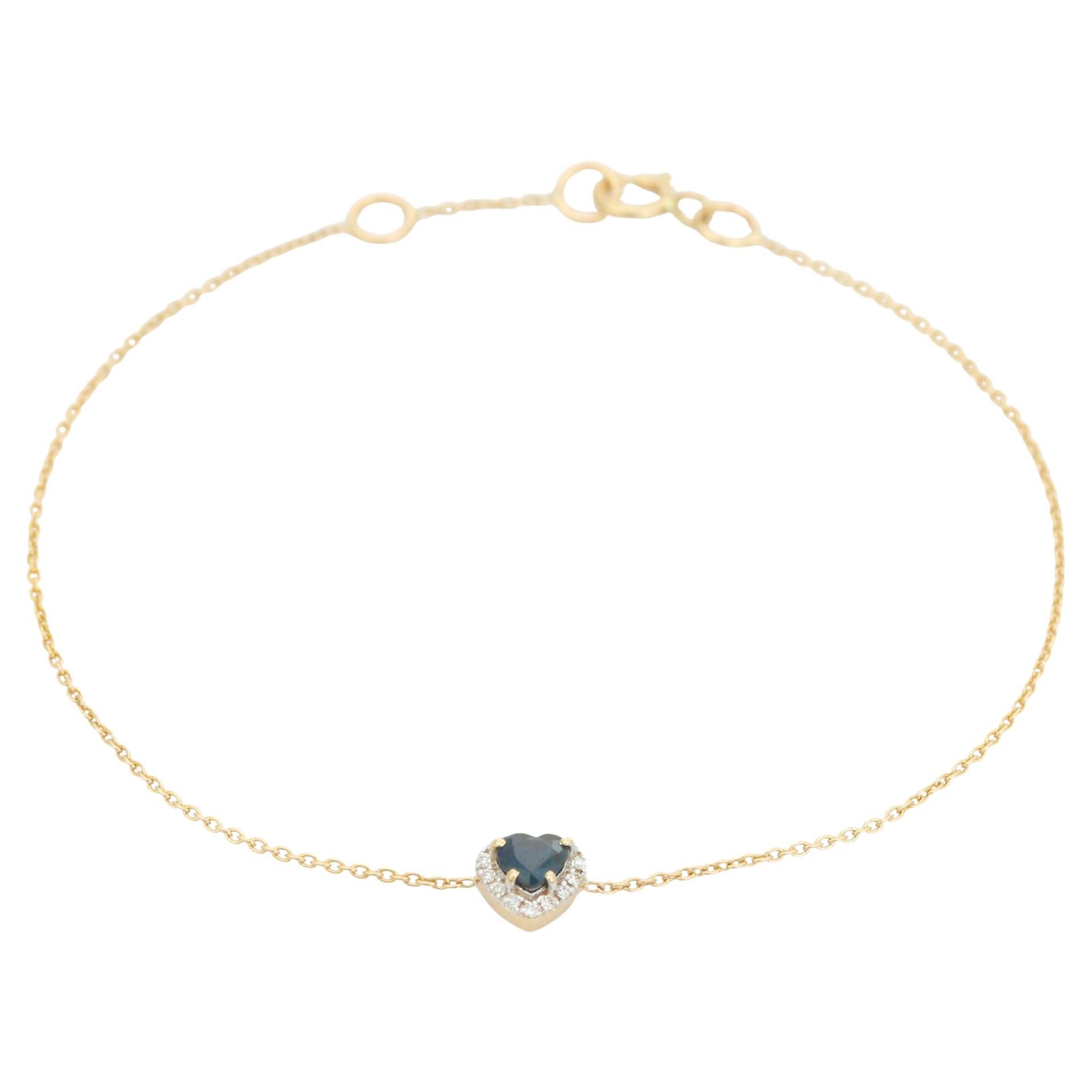 Stackable 14k Yellow Gold Heart Cut Blue Sapphire & Diamond Halo Chain Bracelet