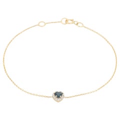 Stackable 14k Yellow Gold Heart Cut Blue Sapphire & Diamond Halo Chain Bracelet