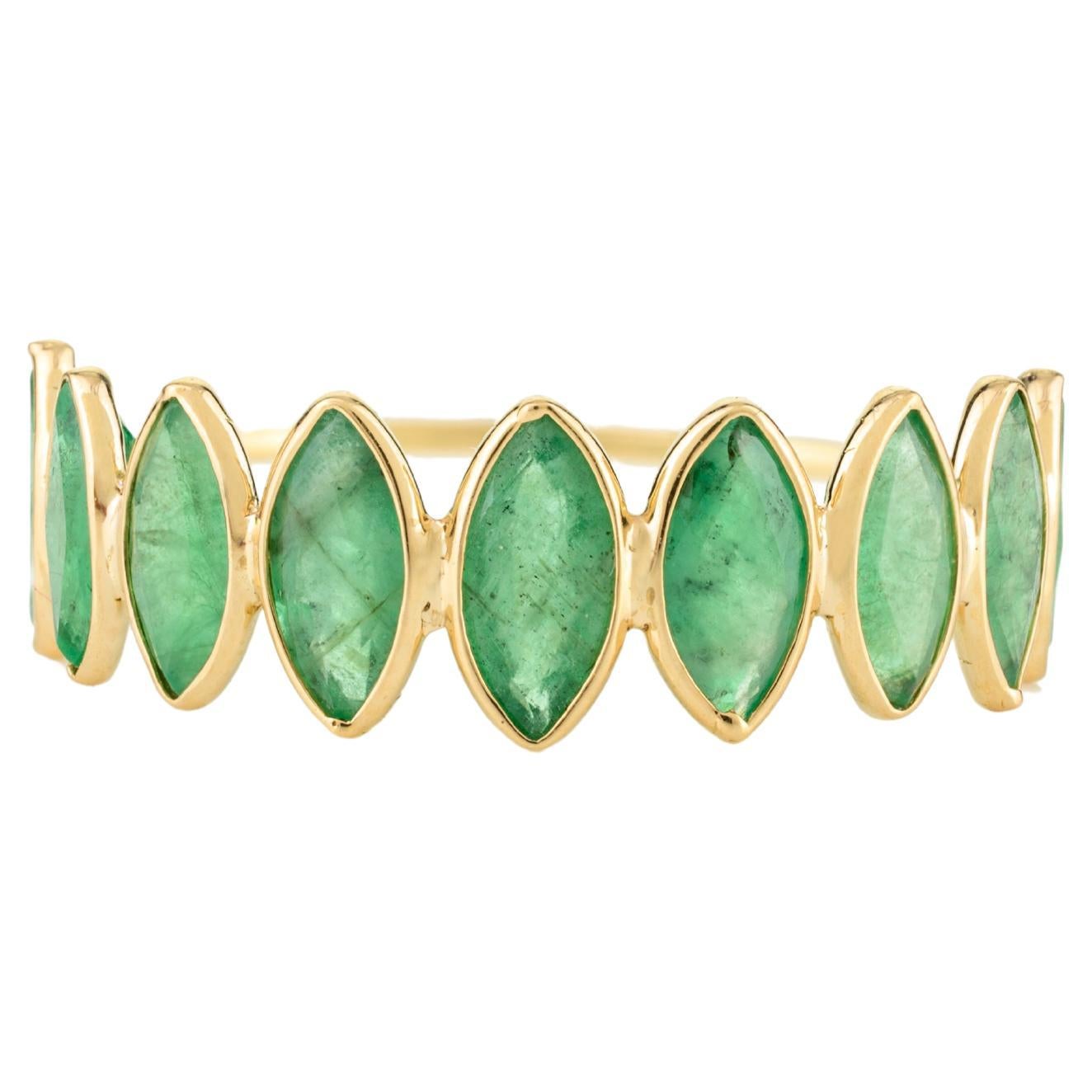 Stackable 18k Yellow Gold Emerald Half Eternity Band Ring Gift for Her