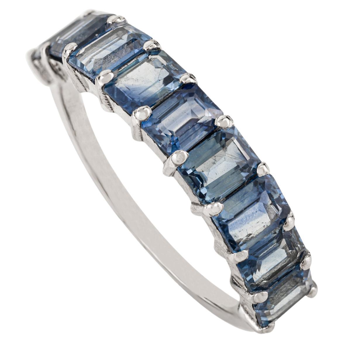 For Sale:  Stackable 2.26Ct Square Cut Blue Sapphire Half Eternity Band Ring 14K White Gold